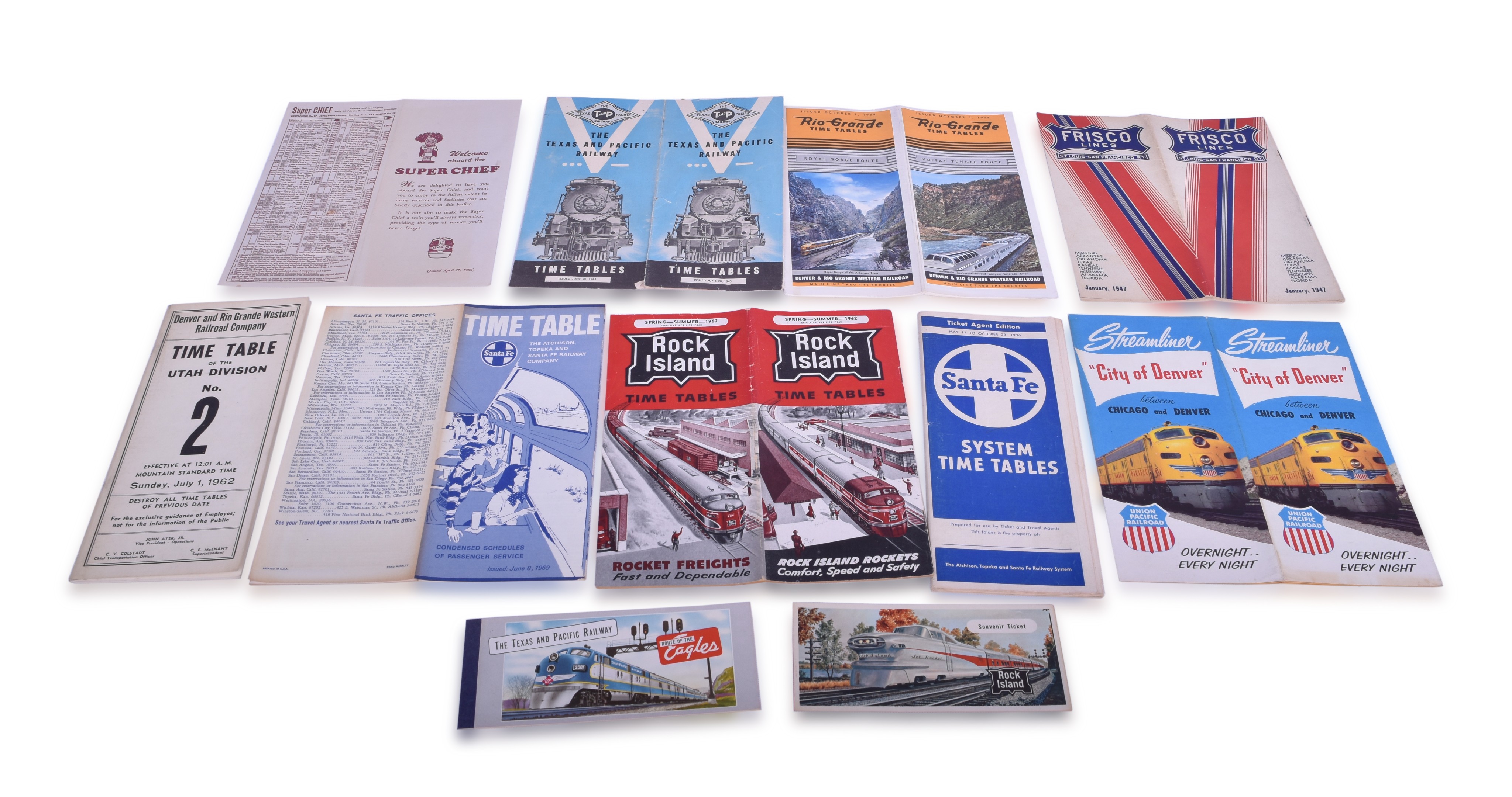 209 - Group of Nine Western Railroad Timetables, Employee Timetables, and Souvenir Tickets - Santa Fe, Texas and Pacific, Union Pacific, Rock Island, etc. thumbnail