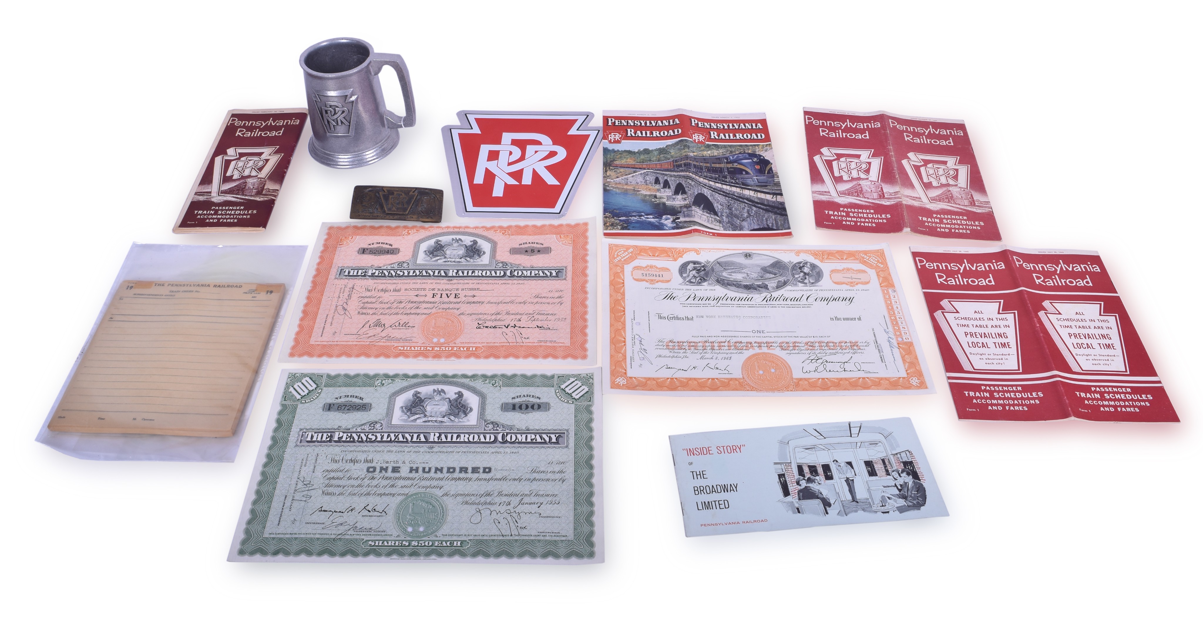 211 - Group of Pennsylvania Railroadiana, Stock Certificates, Timetables, Train Order Pad, and More thumbnail
