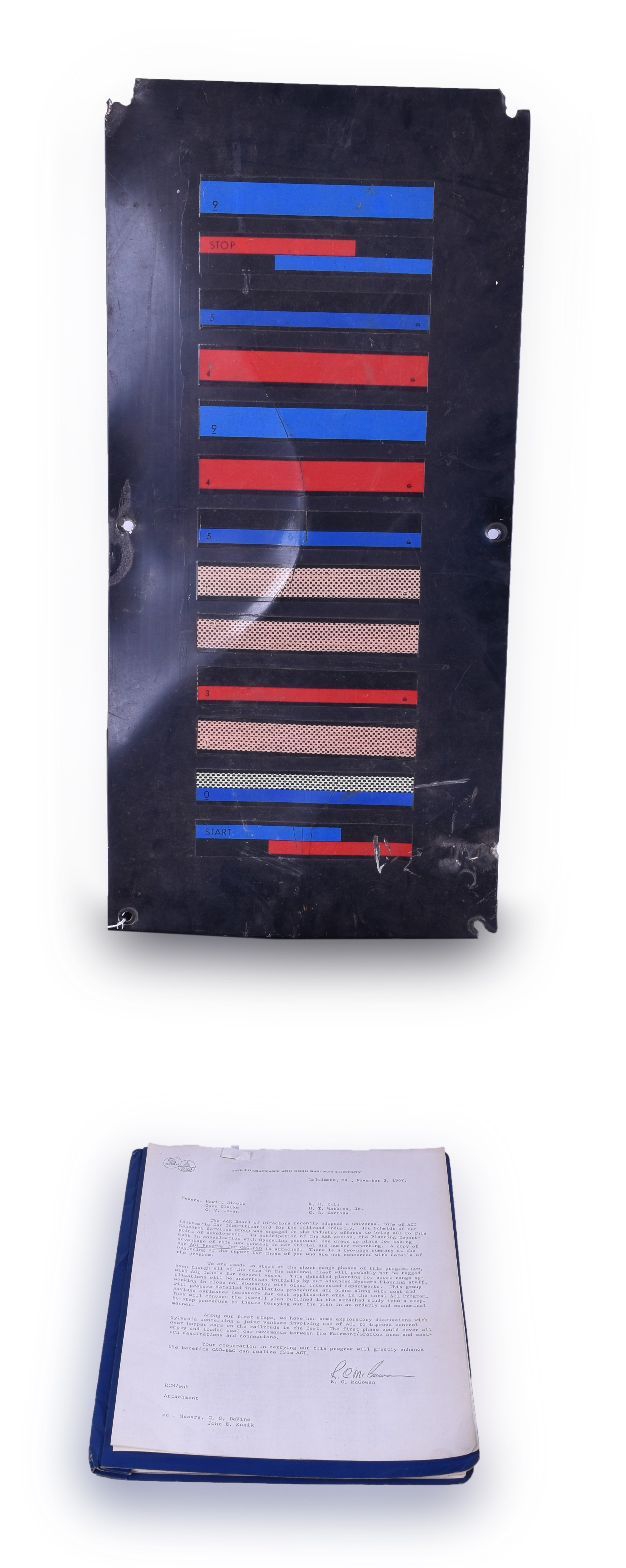 213 - Aluminum ACI (Automatic Car Identification) Plate / Tag and 1967 Chesapeake and Ohio / Baltimore and Ohio 1967 Internal ACI Report thumbnail