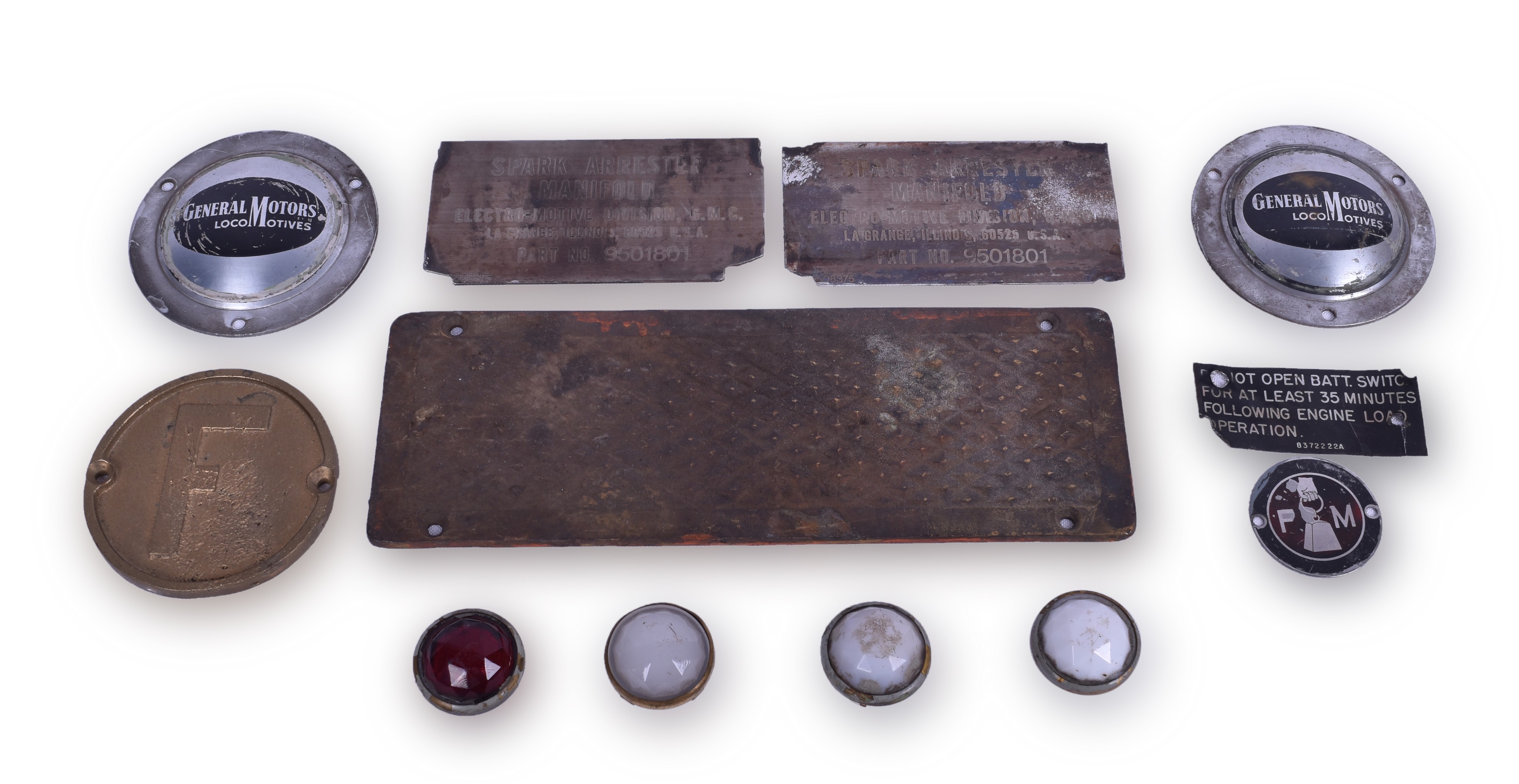 217 - Group of locomotive Hardware , Data Tags, Marker Lens, and More - Electro-Motive, Fairbanks Morse thumbnail