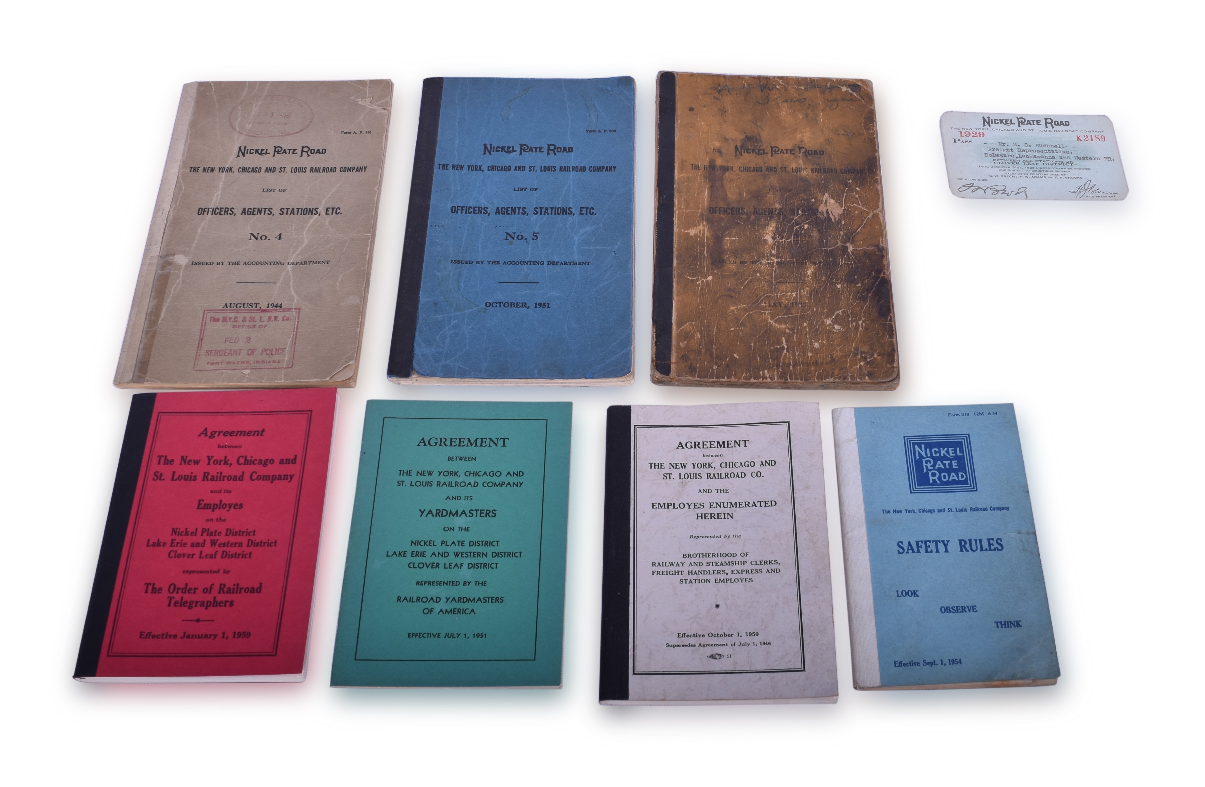 219 - Group of Nickel Plate Railroad Paper - Includes 1929 Annual Pass, Employee Agreements, andLists of Officers, Agents, Stations, etc. thumbnail