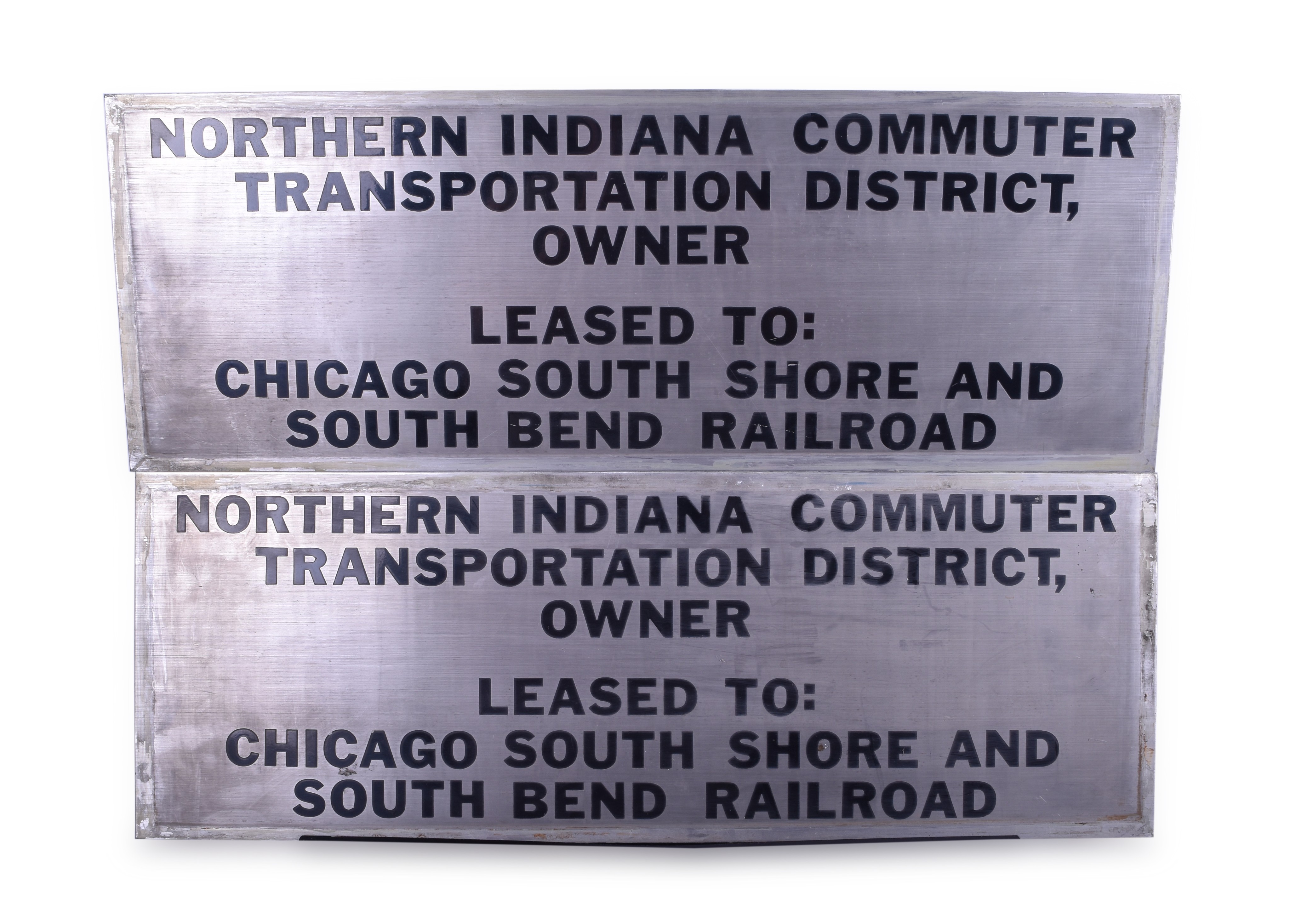 223 - Chicago, South Shore, & South Bend Railroad / NICTD Nippon Sharyo Commuter Car #10 Pair of Stainless Steel Lessor Plates thumbnail