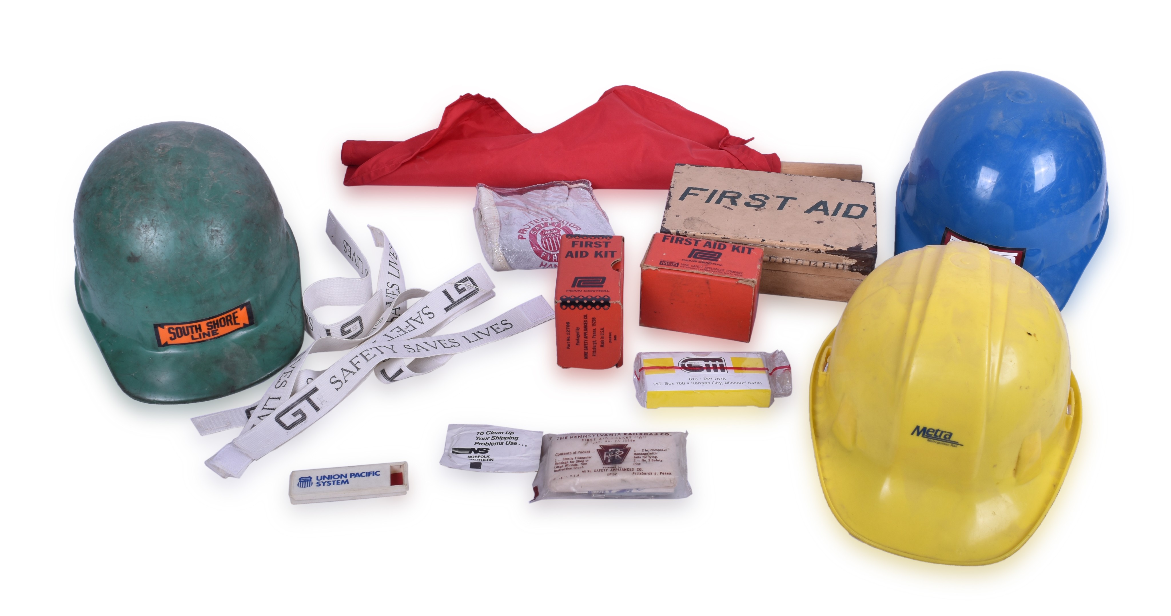 227 - Group of Railroad Hard Hats, First Aid Kits, and Other Safety Equipment - NICTD, Metra, Union Pacific, Penn Central thumbnail