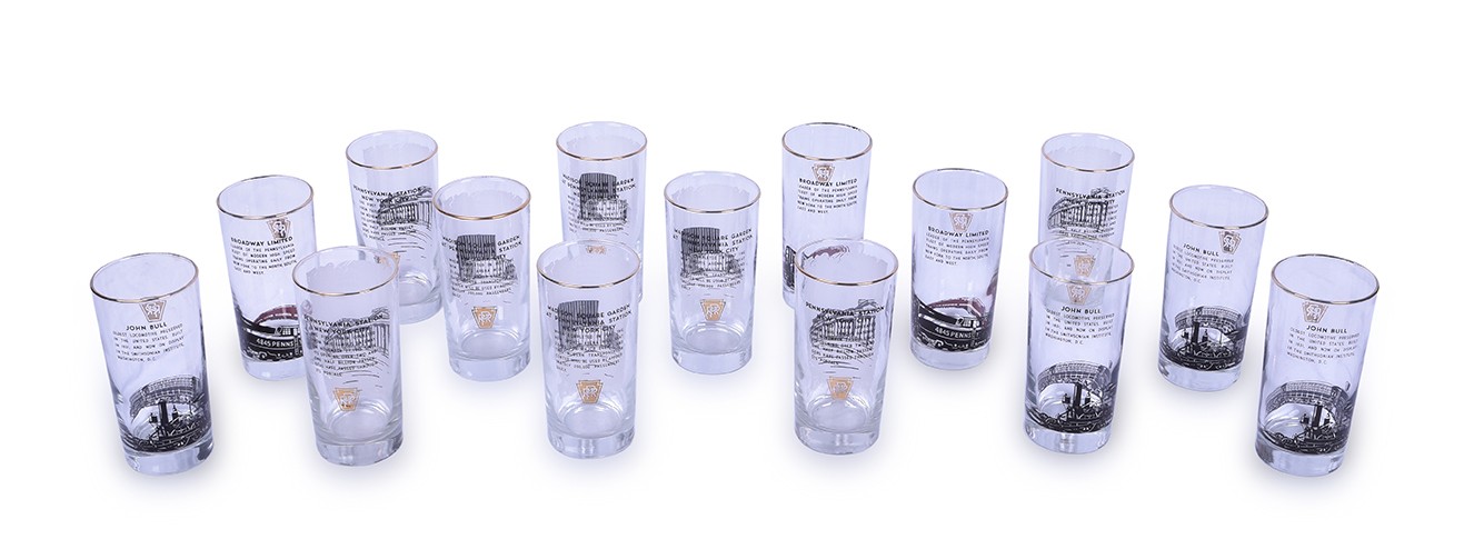 301 - Fifteen Pennsylvania Railroad Drinking Glasses - Broadway Limited, Pennsylvania Station, John Bull, Madison Square Garden thumbnail