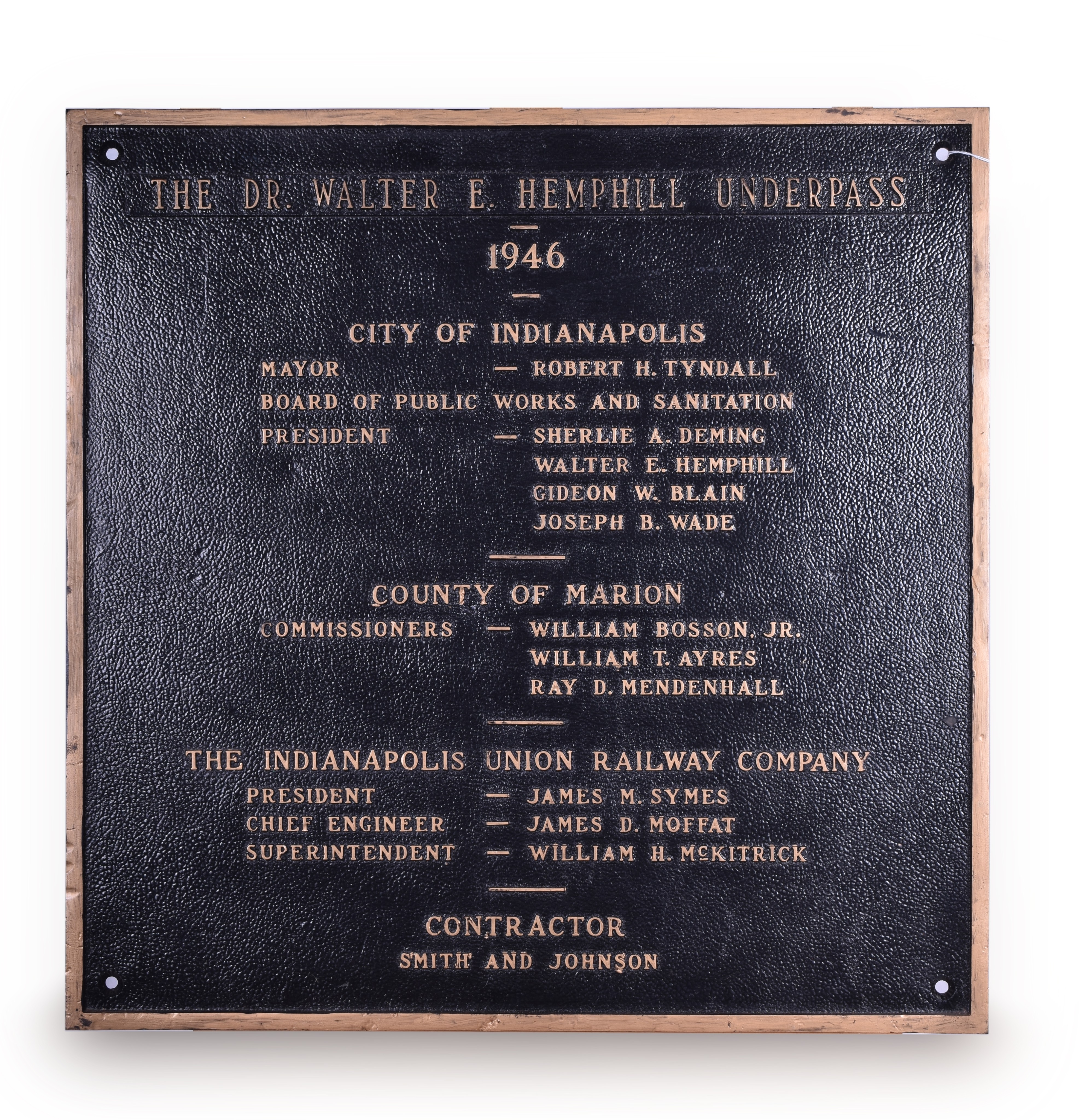 376 - Indianapolis Union Railway Co. - Dr. Walter E. Hemphill Underpass 1946 Builders Plaque thumbnail