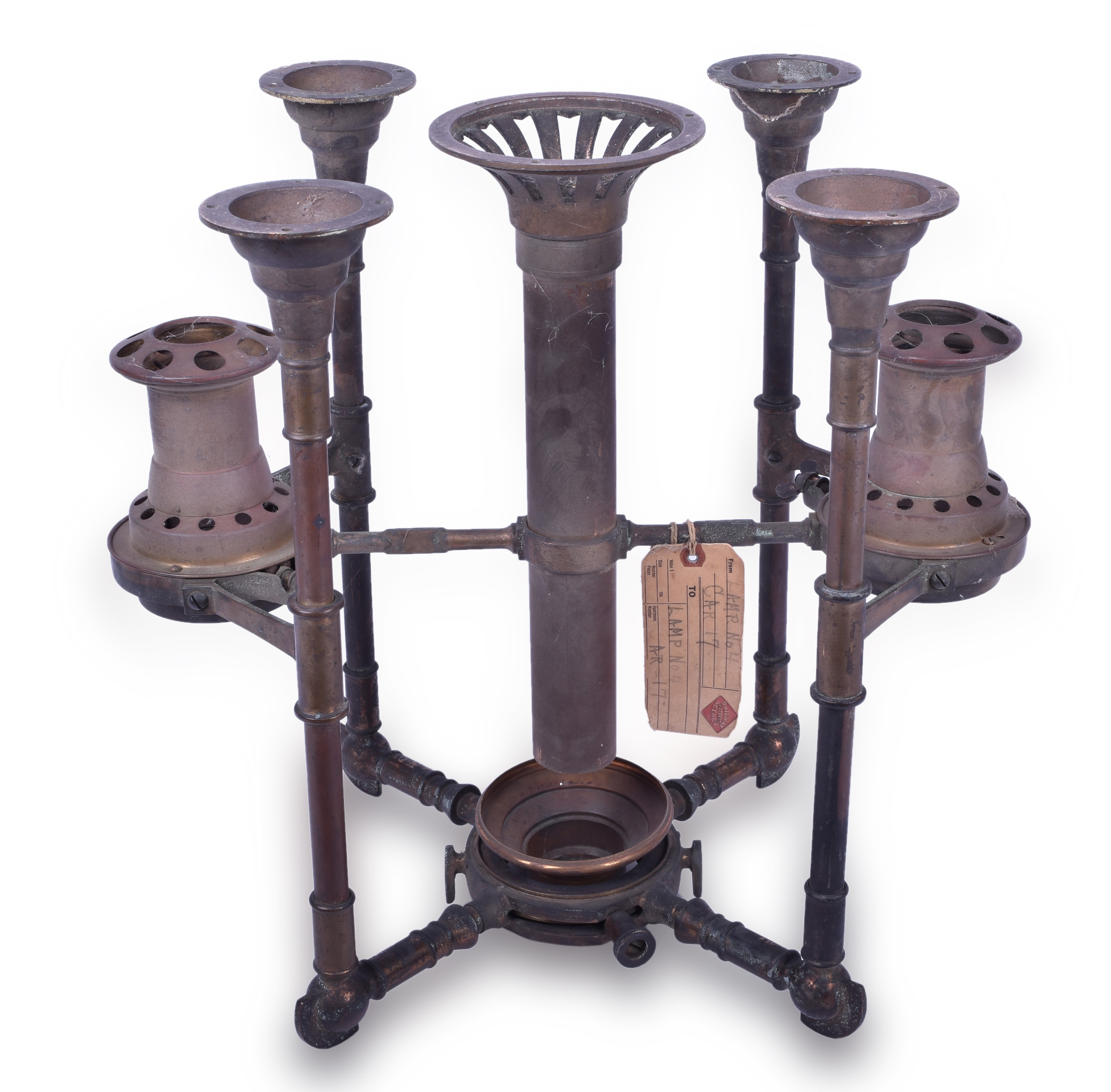 386 - Late 1800's Railroad Brass Passenger Car Center Lamp w/ Railway Express Agency Tag thumbnail