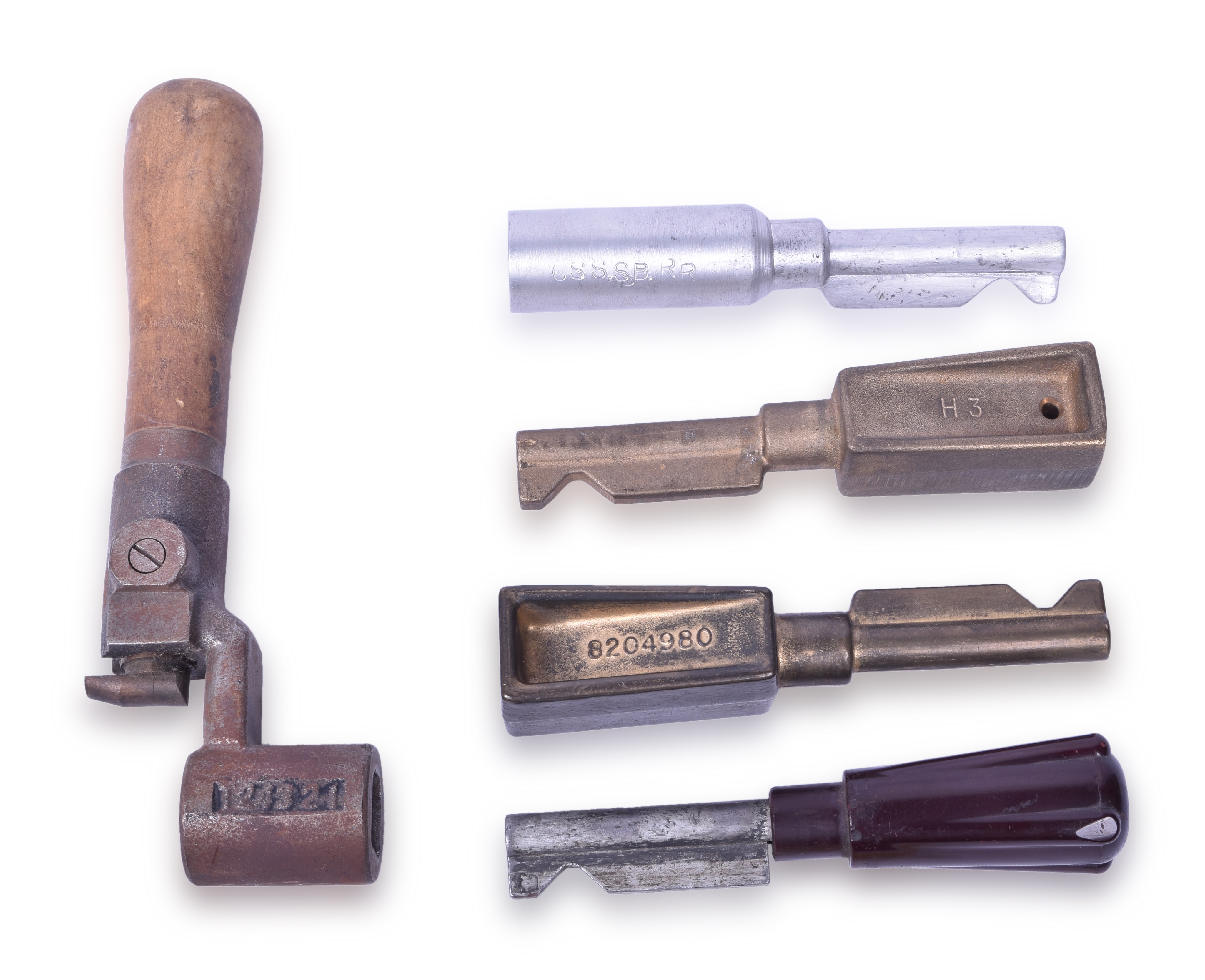 389 - Four Locomotive Reverser Handles and One Independent Brake Handle - Chicago, South Shore, & South Bend Railroad thumbnail