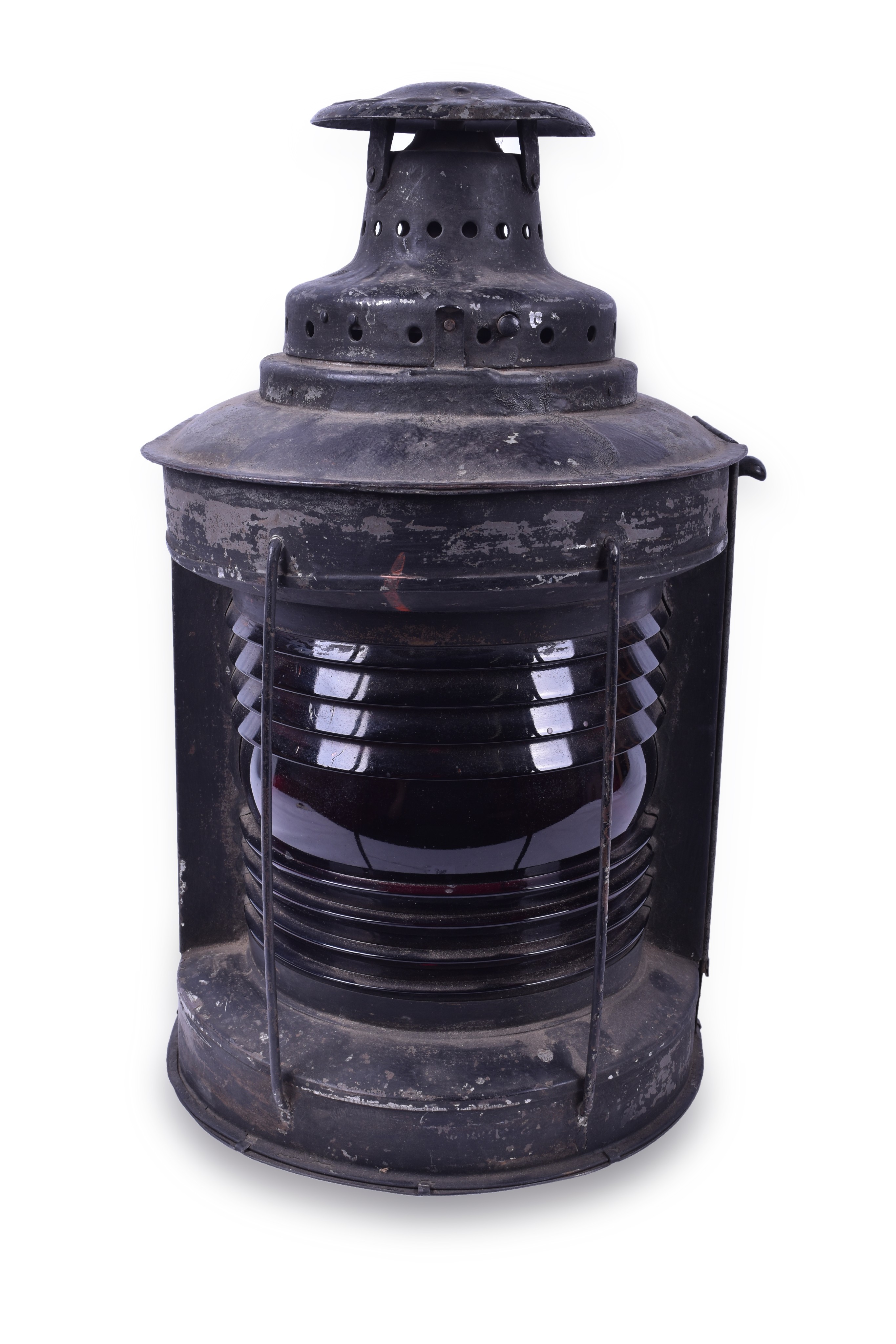 396 - Gray Boston Sheet Iron Bridge Lamp w/ Red Fresnel Lens thumbnail