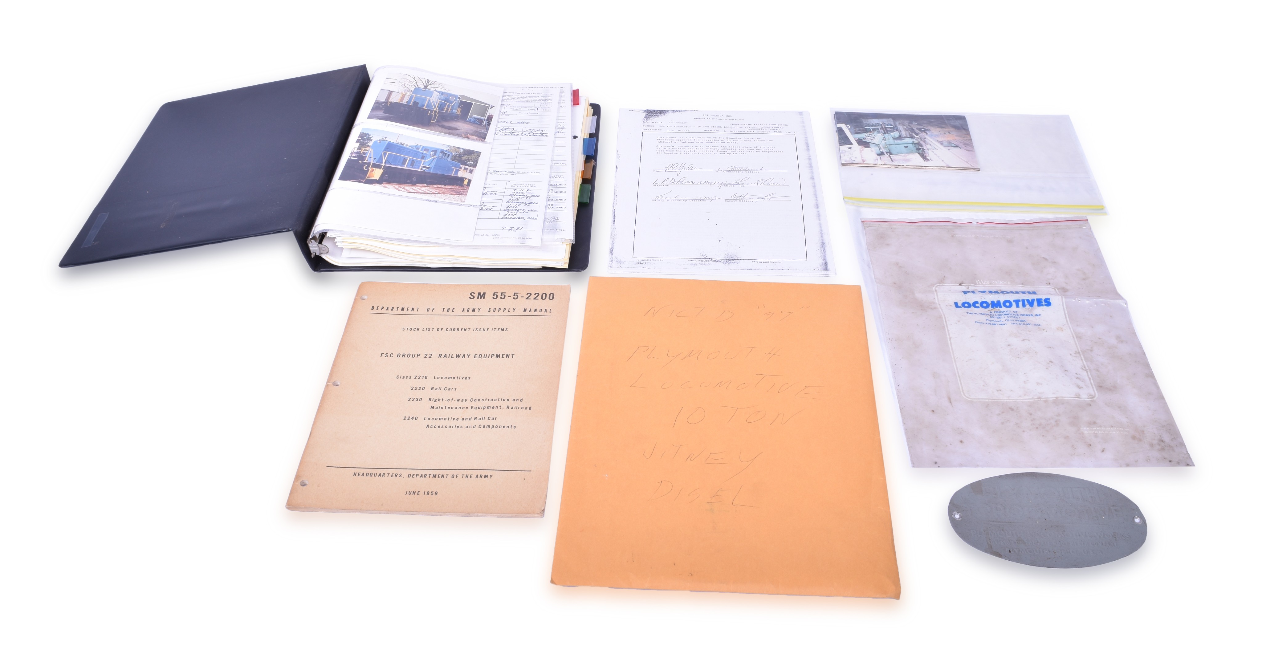 403 - Plymouth Locomotive Builders Plate, South Shore GE 80 Ton Manual, Army 10 Ton Switcher Manual, and June 1959 Department of the Army Supply Manual thumbnail