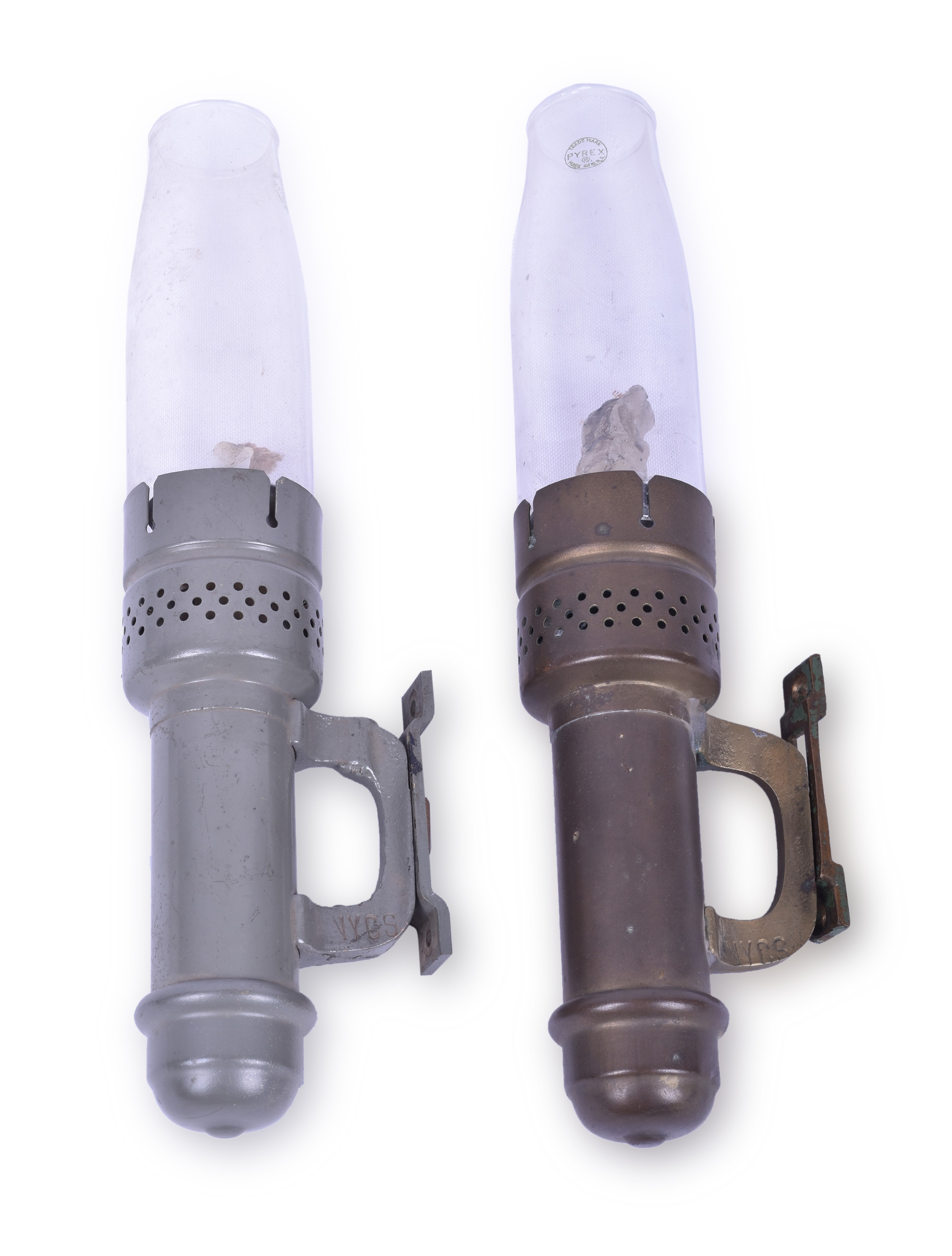 410 - Pair of New York Central RPO Candle Lamps w/ Brackets and Pyrex Glass thumbnail