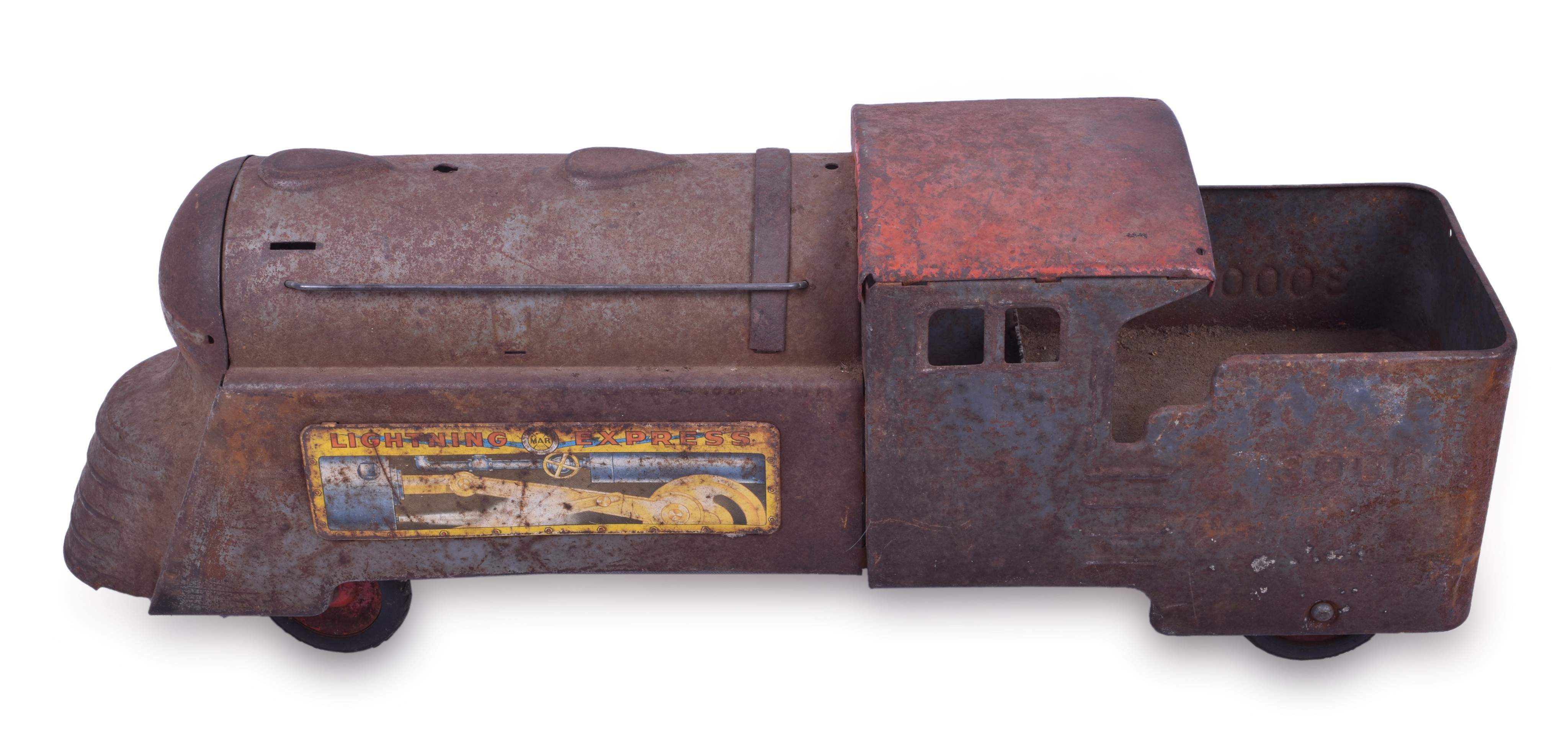 435 - Marx Lightning Express Pressed Steel Ride On Steam Locomotive thumbnail