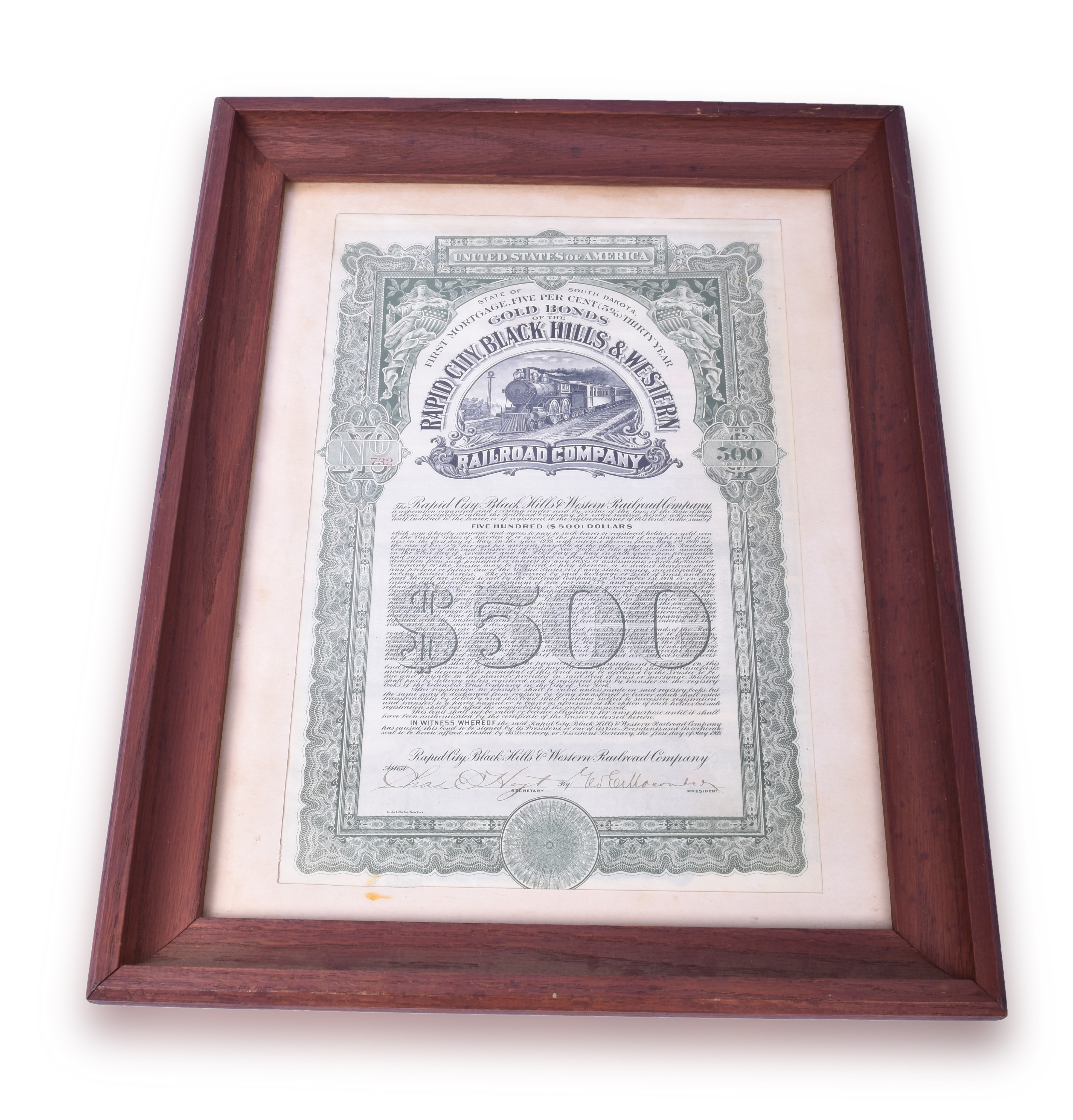 467 - Framed Rapid City, Black Hills & Western Railroad Company $500 Gold Bond From 1909 thumbnail
