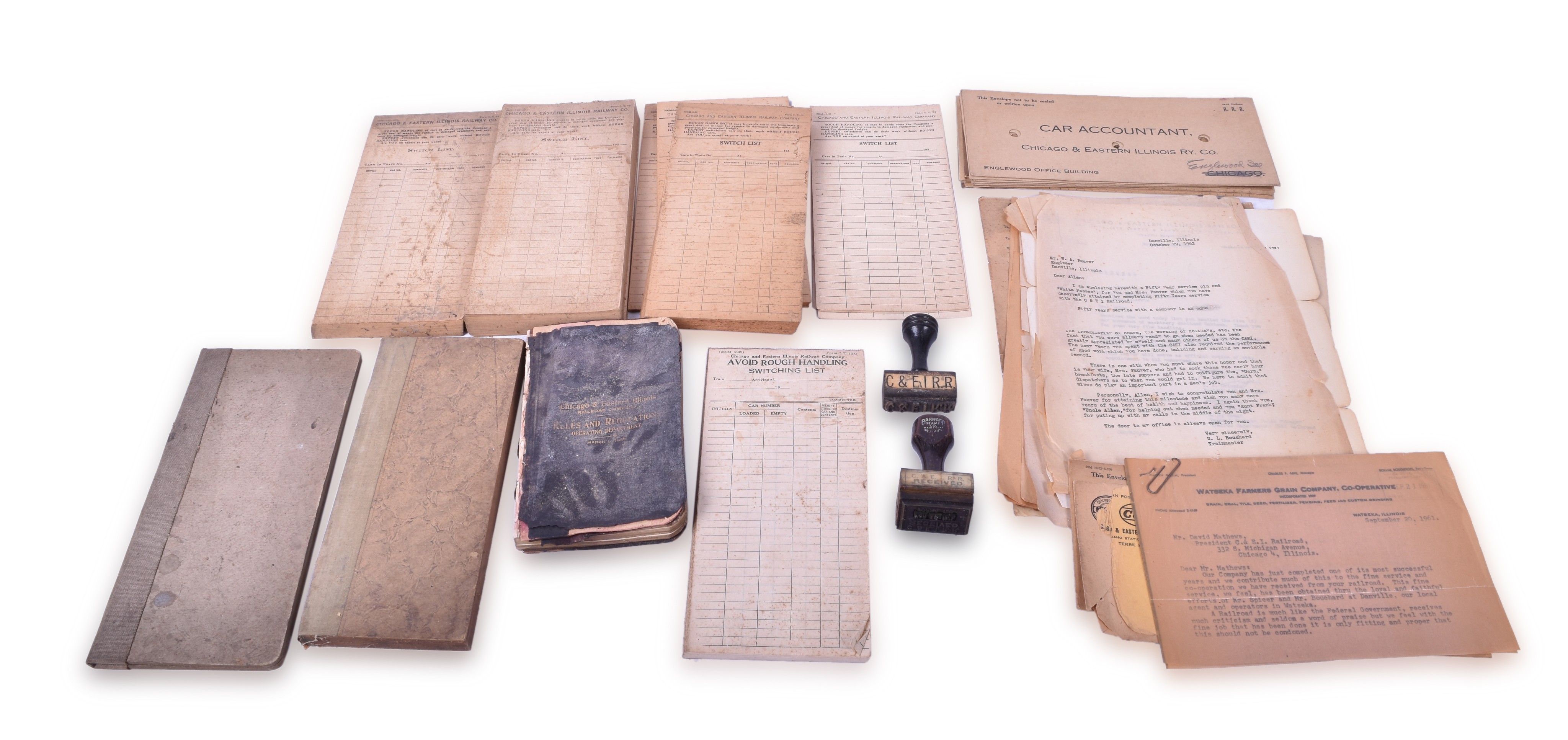 479 - Chicago & Eastern Illinois Railroad Rubber Station Stamp and Paper Lot thumbnail