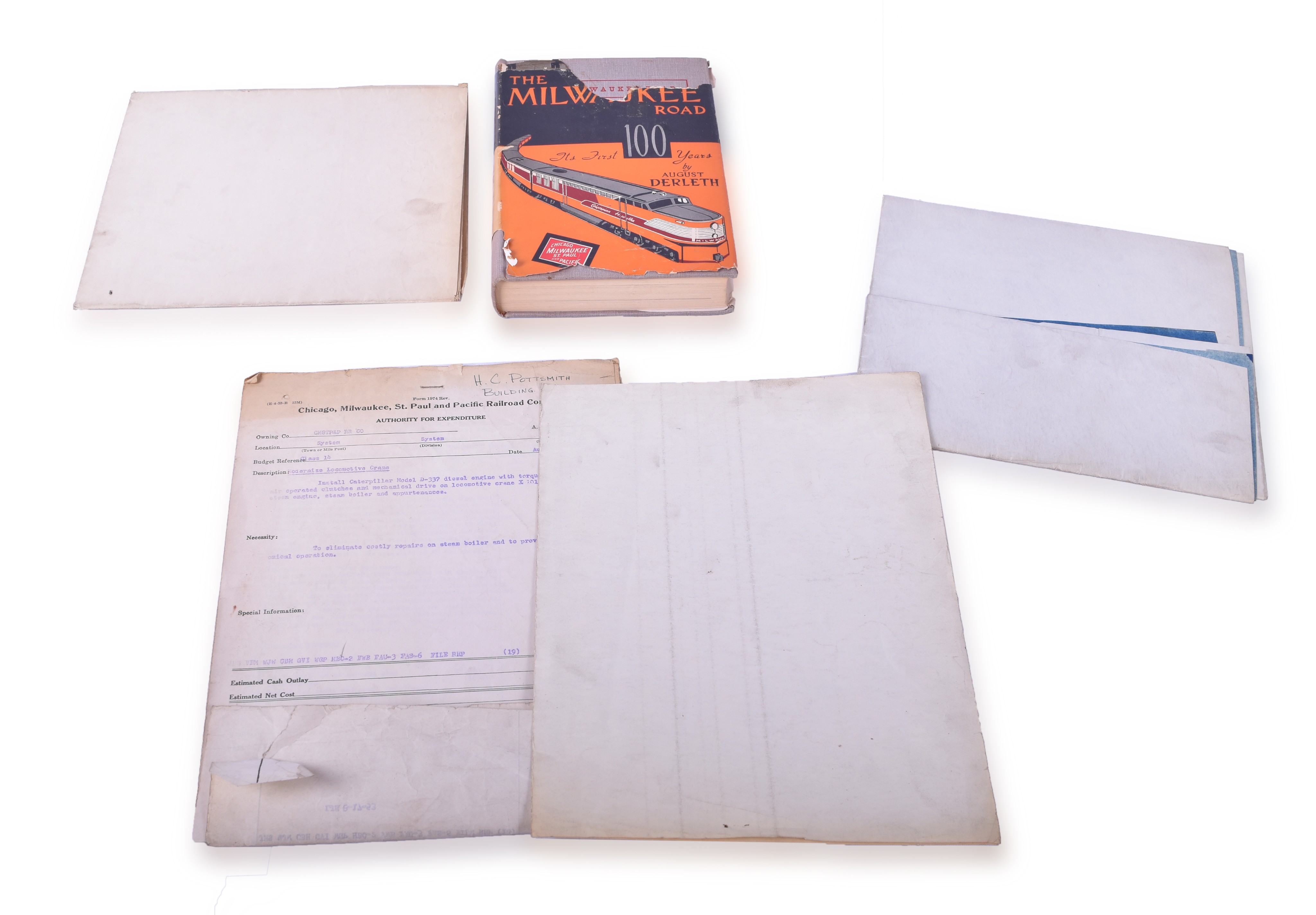 481 - Milwaukee Road Railroad Steam Crane X-101 Papers and Blue Print, Milwaukee Road First 100 Years First Edition Book thumbnail