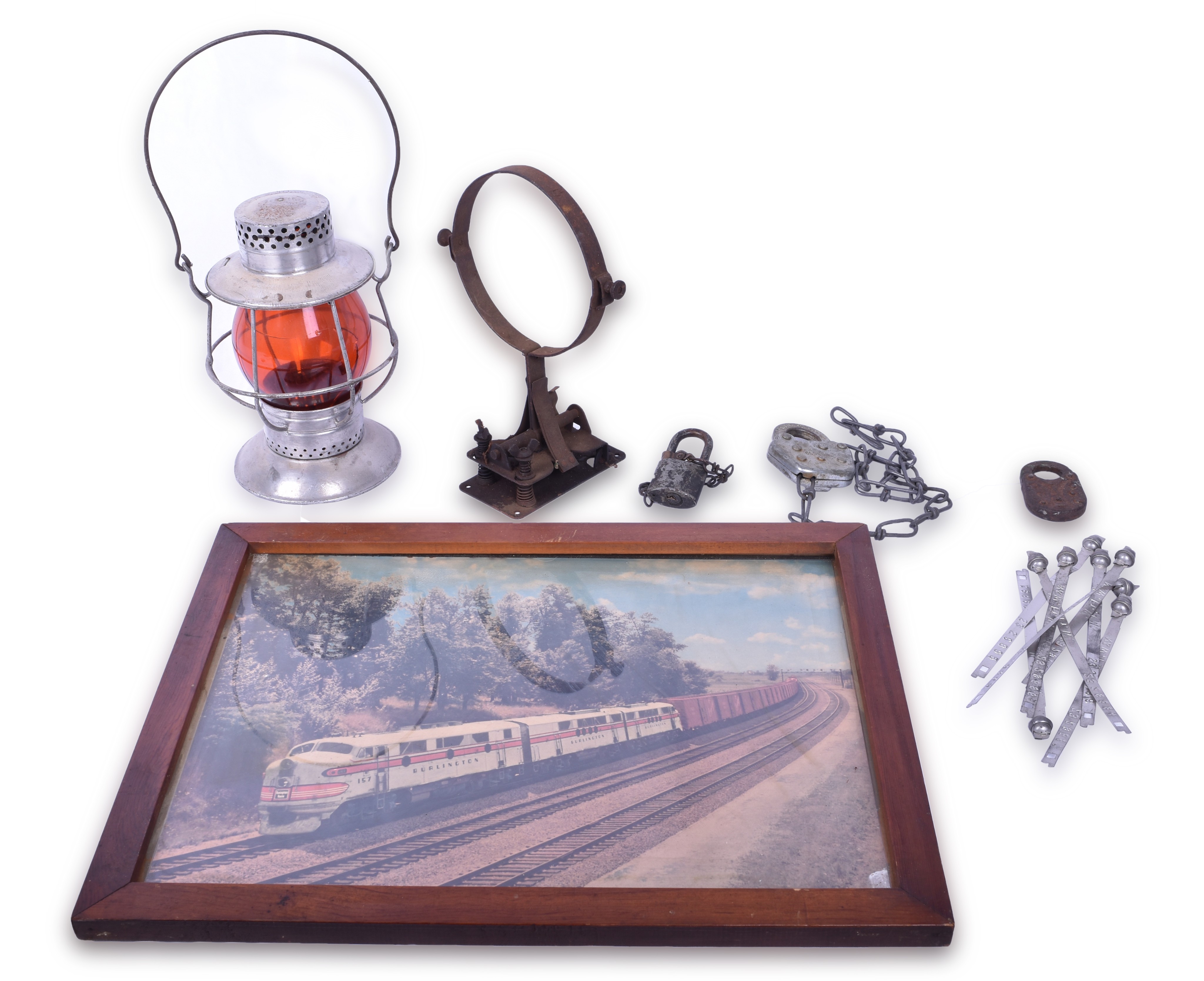 483 - Dietz No. 39 lantern, Chicago, South Shore, & South Bend Railroad lock, CB&Q FT Locomotive Calendar Print, N&W Car Seals, and More thumbnail