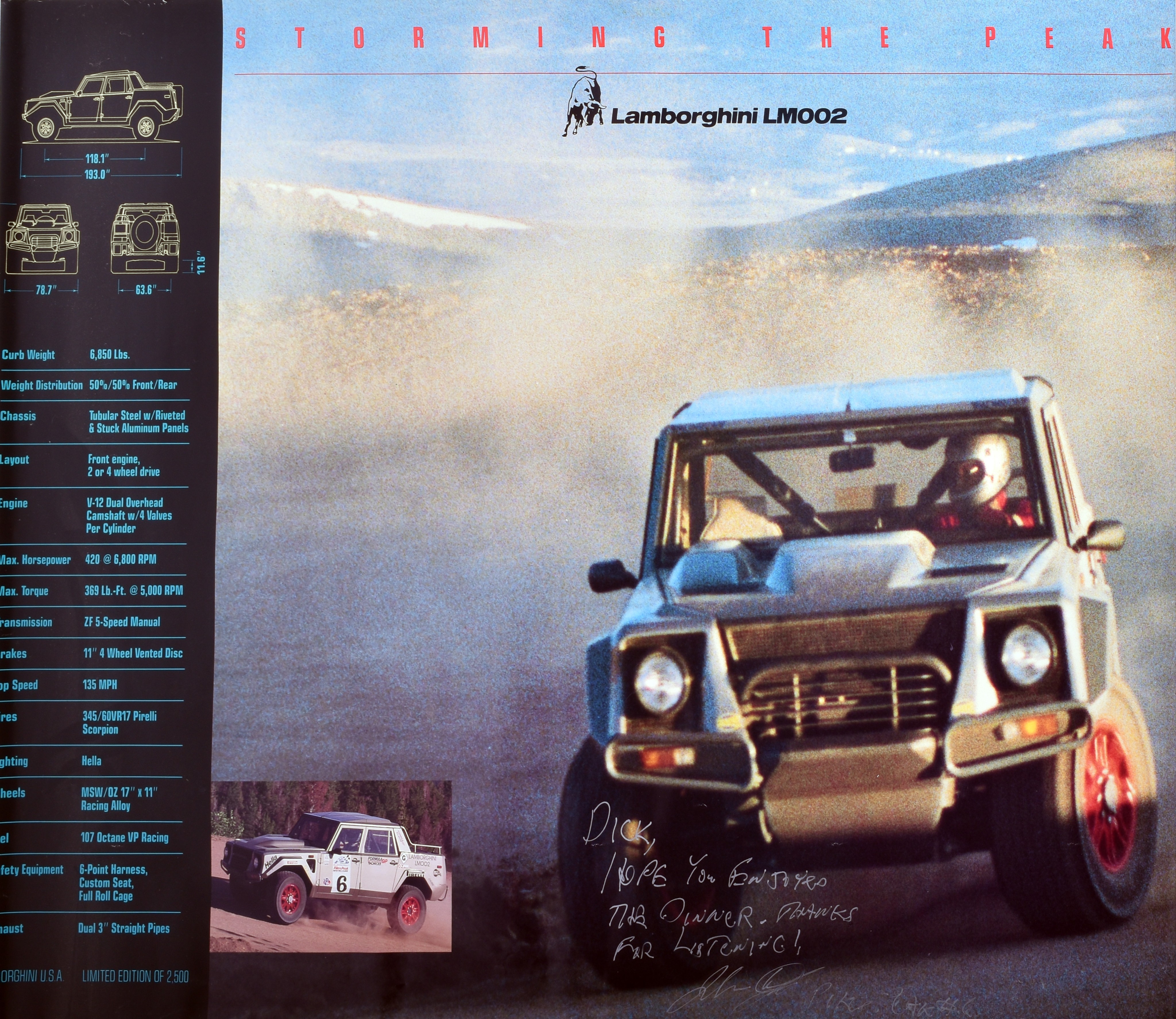 806 - 1992 Lamborghini LM002 Pikes Peak #6 Racing Poster - Signed - 