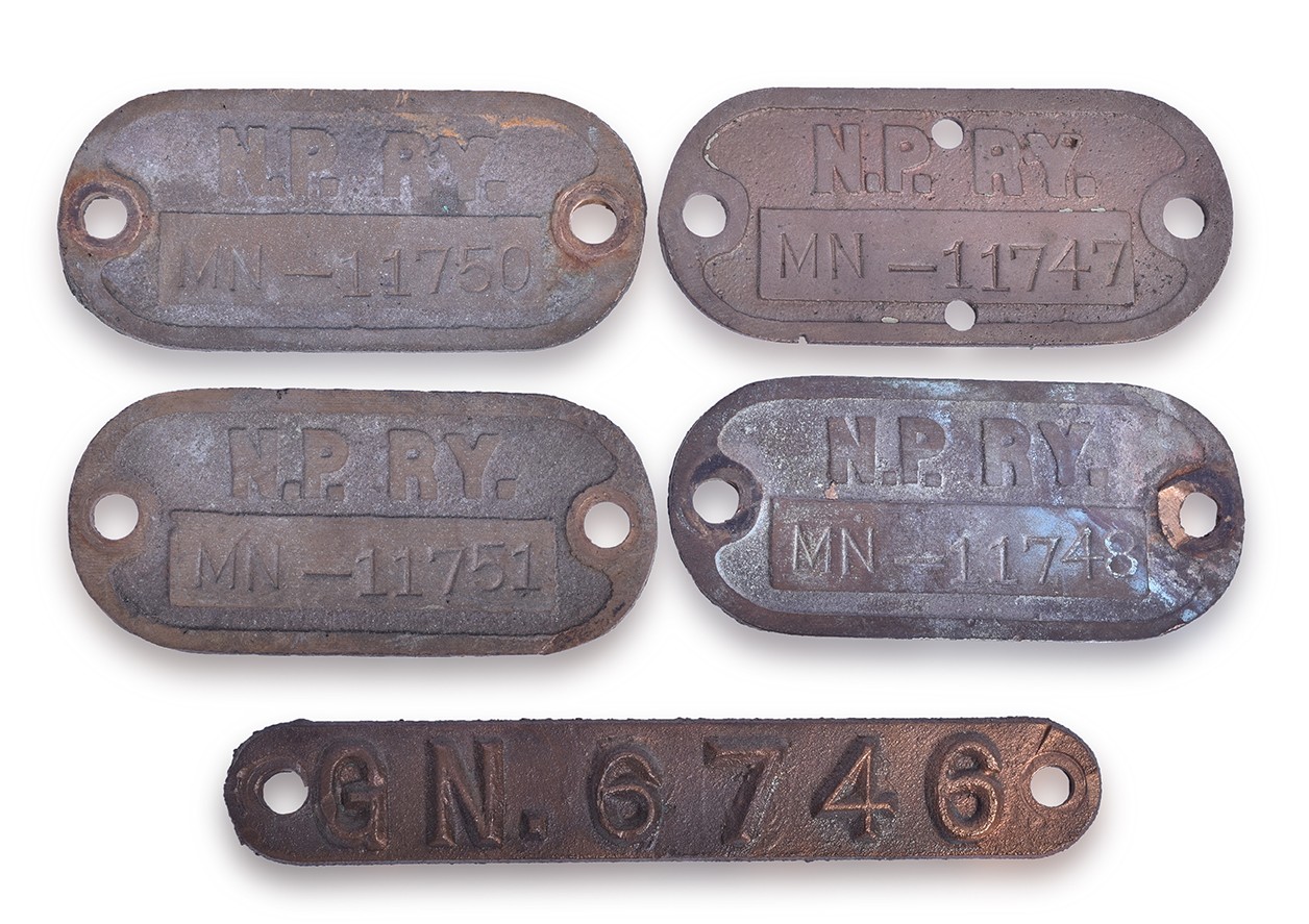 5 - Five Brass Shop Repair Tags / Plates - Northern Pacific and Great Northern Railroad thumbnail