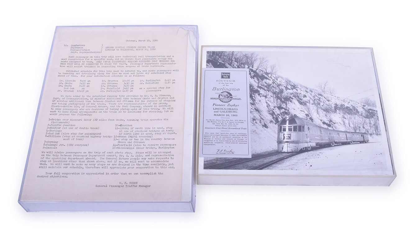 15 - CB&Q 1960 Burlington Pioneer Zephyr Final Run - Souvenir Ticket, Photograph, and Traffic Manager Letter thumbnail