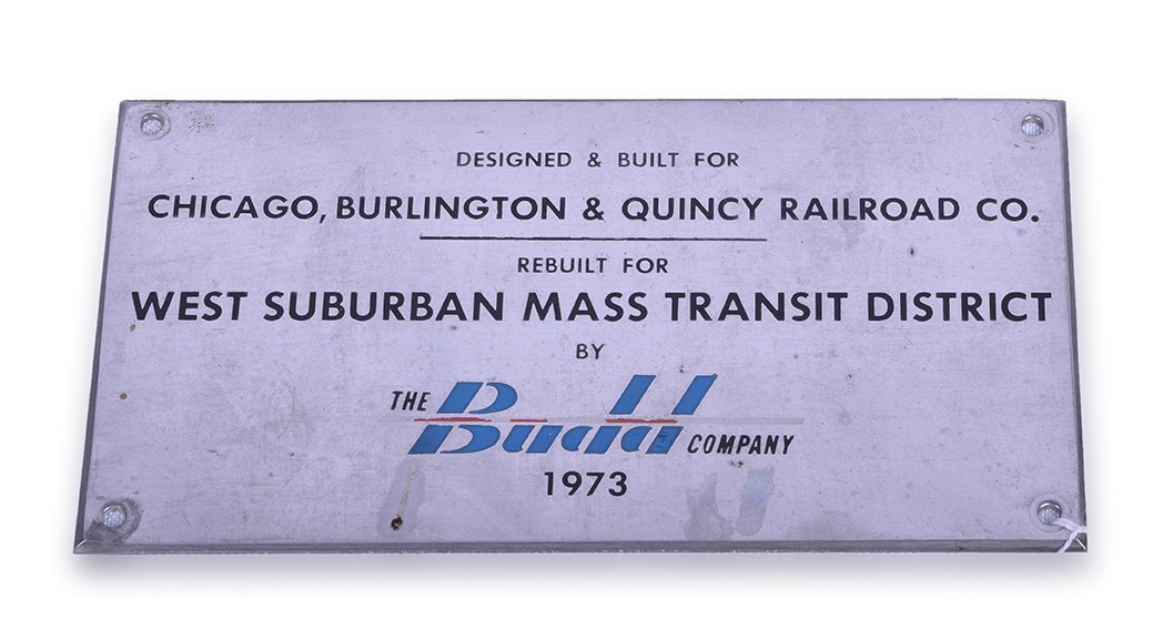 18 - CB&Q / Burlington Railroad 1973 Budd Stainless Steel Rebuilt Car Plate thumbnail