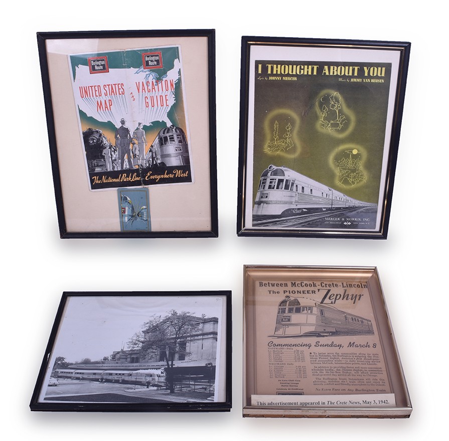 25 - CB&Q / Burlington Pioneer / Denver Zephyr Framed Memorabilia Lot - 1942 Advertisement, Museum of Science and Industry, 1936 Pocket Calendar, and More thumbnail