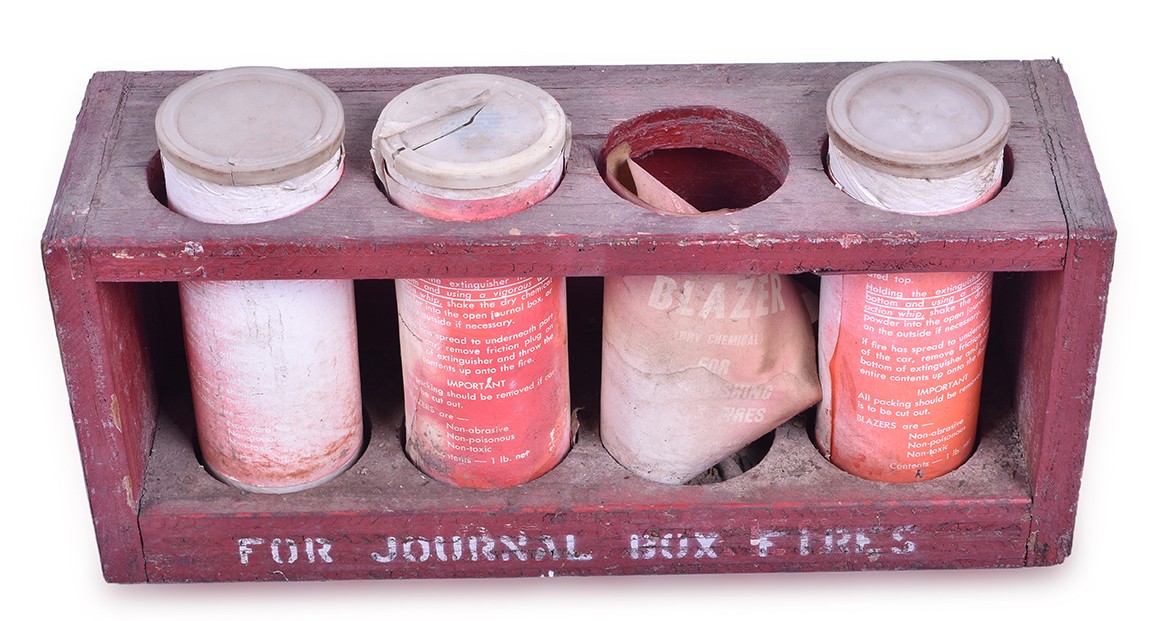 42 - Wooden Railroad Journal Box Fire Rack w/ Blazer Dry Chemical Canisters thumbnail