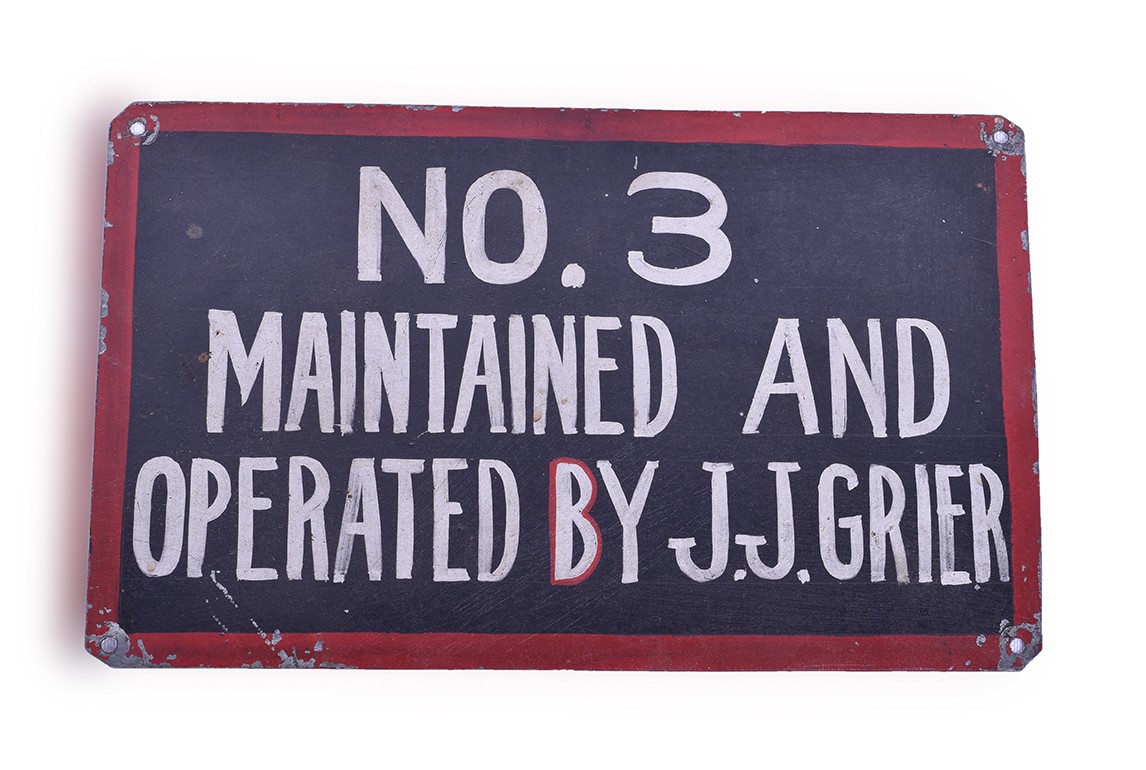 55 - CB&Q / Burlington Railroad J.J. Grier Painted Metal Sign thumbnail