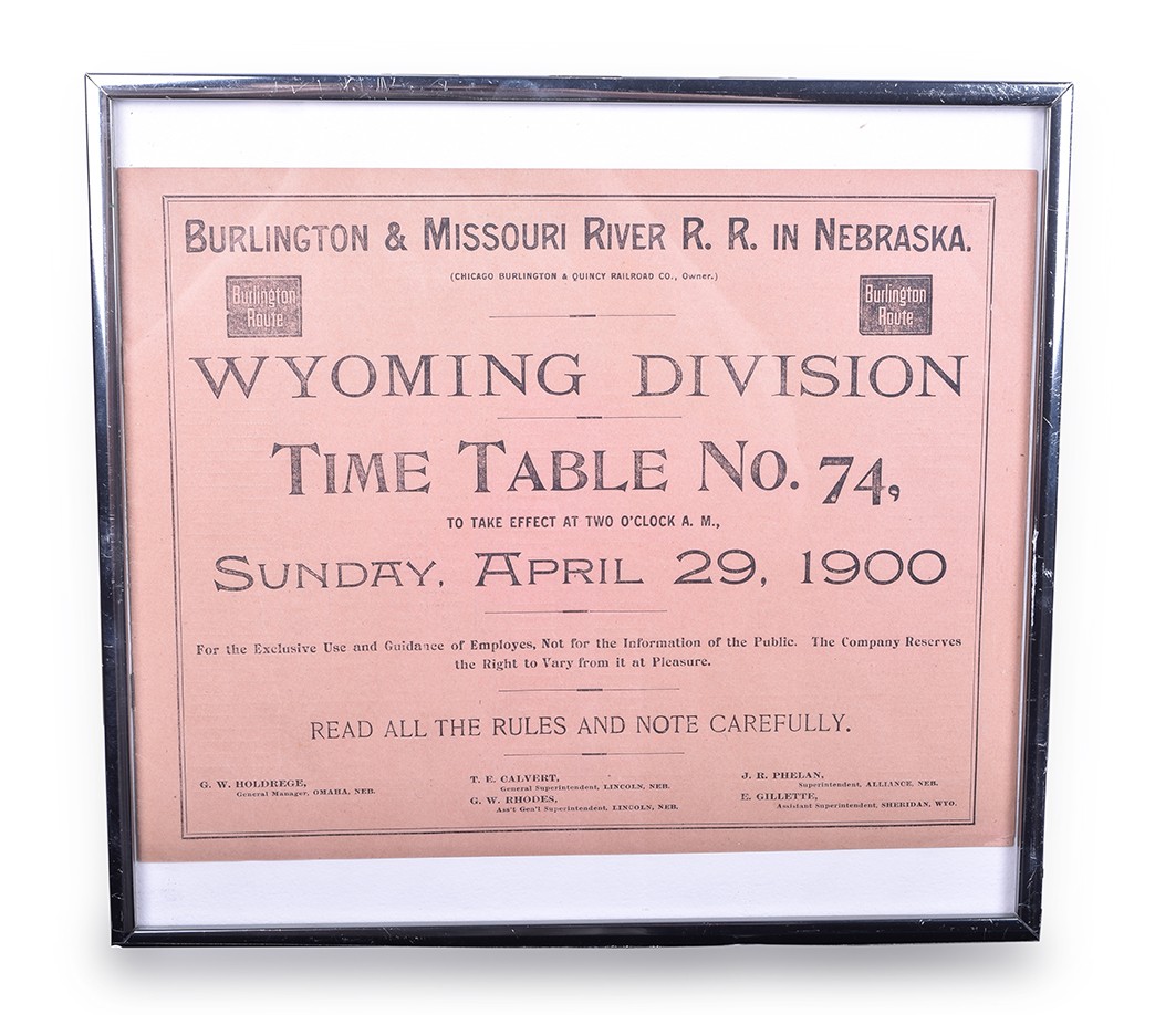 62 - Burlington & Missouri River Railroad - 1900 Wyoming Division Employee Timetable - Framed thumbnail