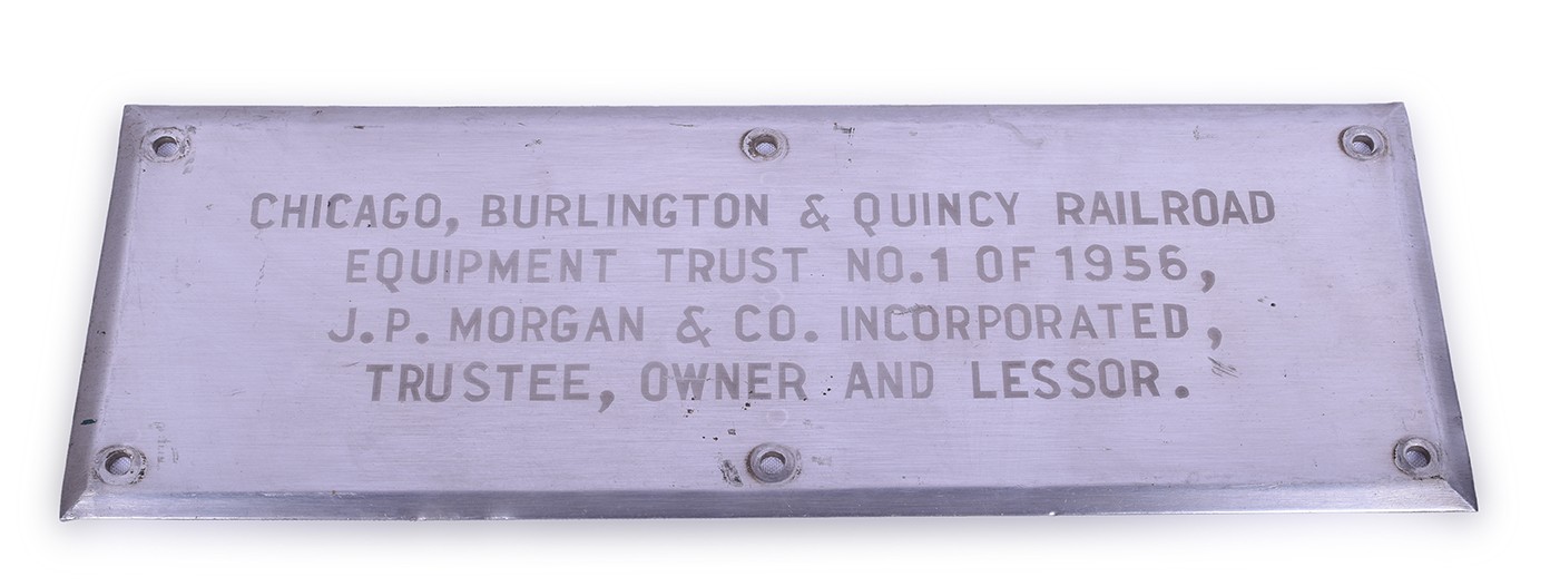 93 - CB&Q / Burlington Railroad Stainless Steel Trust Plate - 1956 J.P Morgan thumbnail