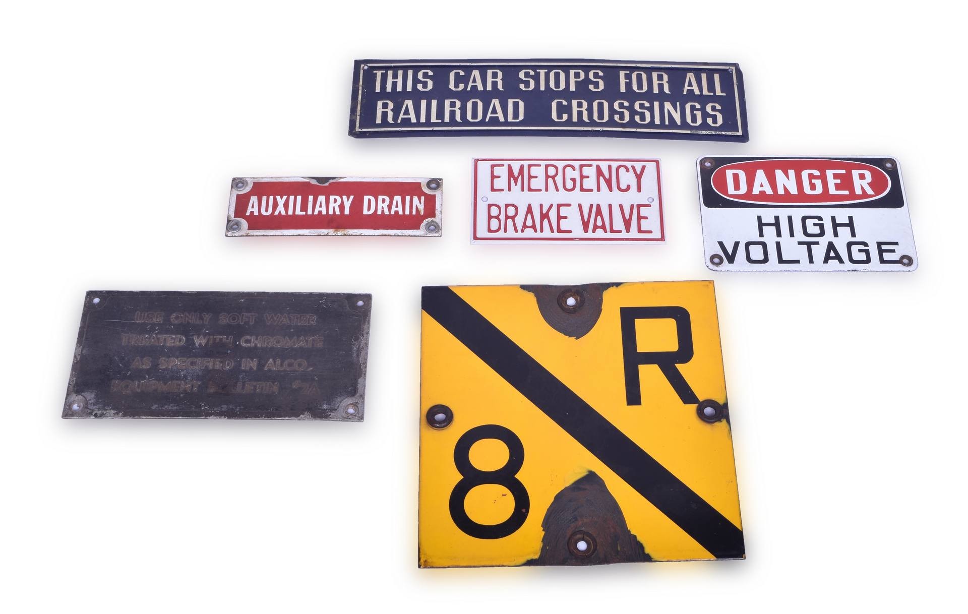 97A - Group of Six Railroad Porcelain and Marker Signs - Alco, High Voltage, Brake Valve, etc. thumbnail