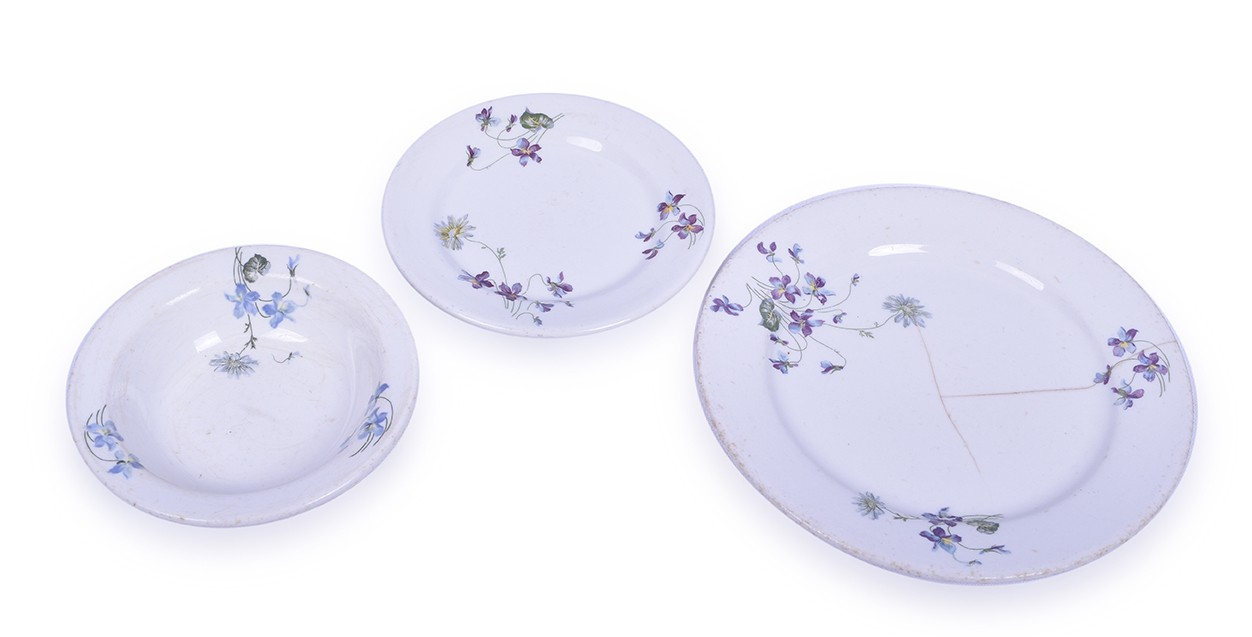 108 - Three Pieces of CB&Q / Burlington Marked Violets & Daisies Buffalo China - Bowl, 7
