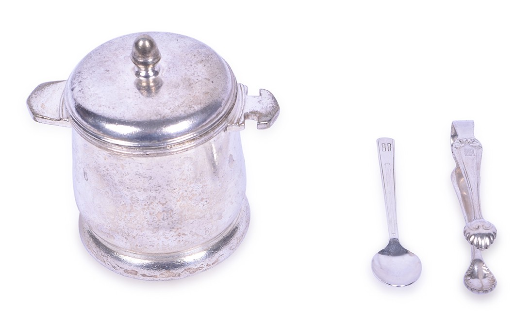 152 - International Silver Co. Silver Soldered California Zephyr Sugar Bowl w/ Tongs and Teaspoon thumbnail
