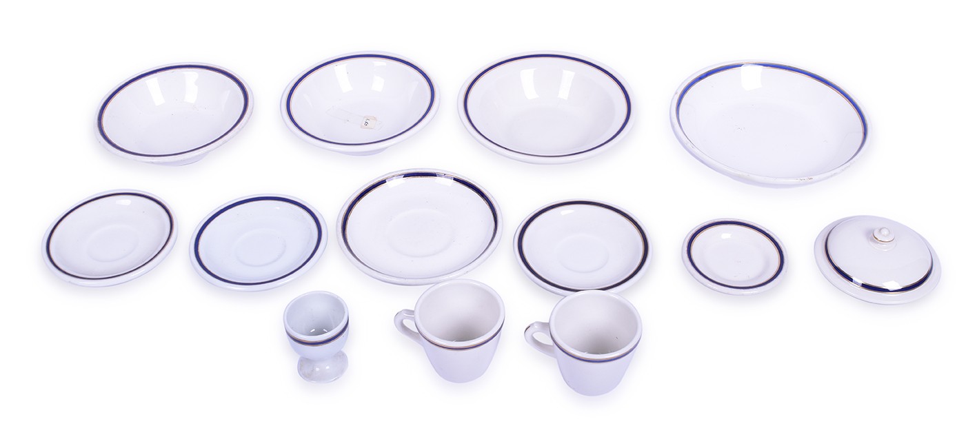 163 - Thirteen Pieces of Union Pacific Railroad Blue / Gold China - Bowls, Plates, Saucers, Demitasse, Egg Cup thumbnail