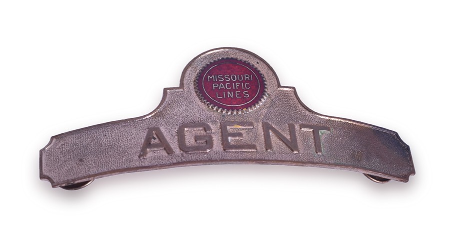 197 - Missouri Pacific Lines Agent Cap Badge - Robinsco w/ Buzz Saw Herald thumbnail