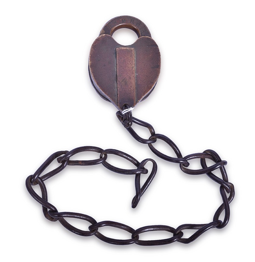 202 - Burlington and Missouri River Railroad W. Bohannan Brass Heart Shaped Switch Lock thumbnail