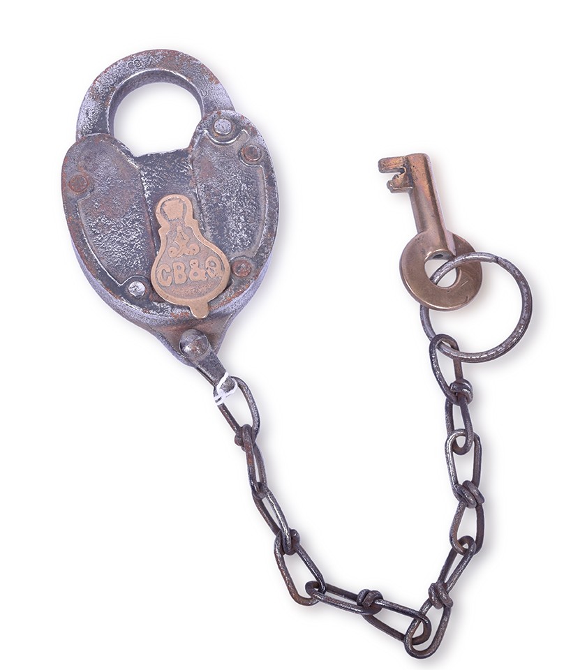 208 - CB&Q / Burlington Steel Heart Shaped Lock w/ Brass Key Cover thumbnail