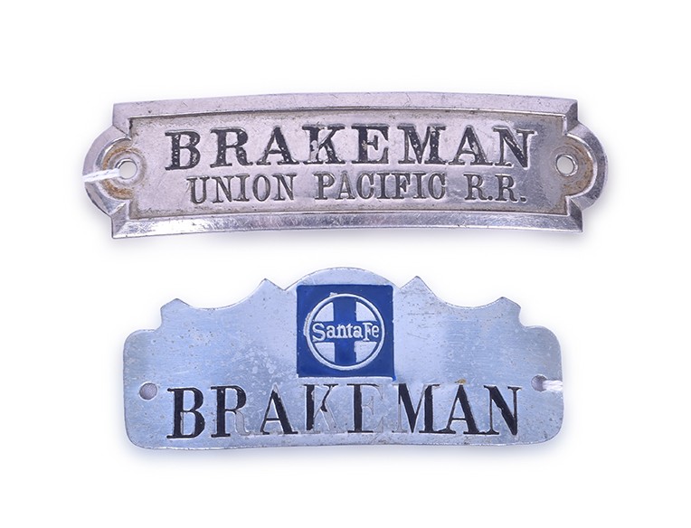 213 - Union Pacific and Santa Fe Nickel Brakeman Cap Badges thumbnail