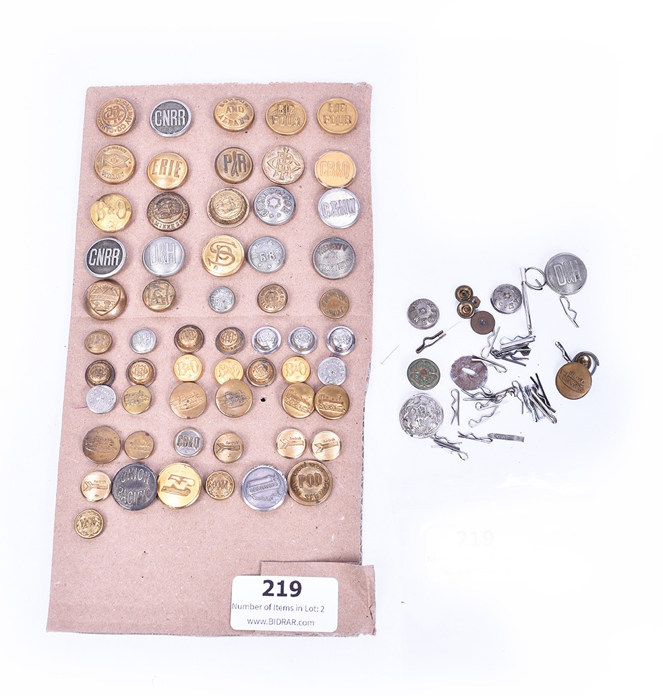 219 - 62 Railroad Uniform Buttons - Canadian National, POD Mail, B&O, CB&Q, Illinois Central, and more thumbnail