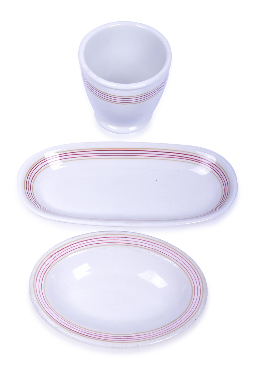 235 - Group of Three Chicago and Northwestern Flambeau Shenango China - Celery Tray, Egg Cup, and 5 1/2