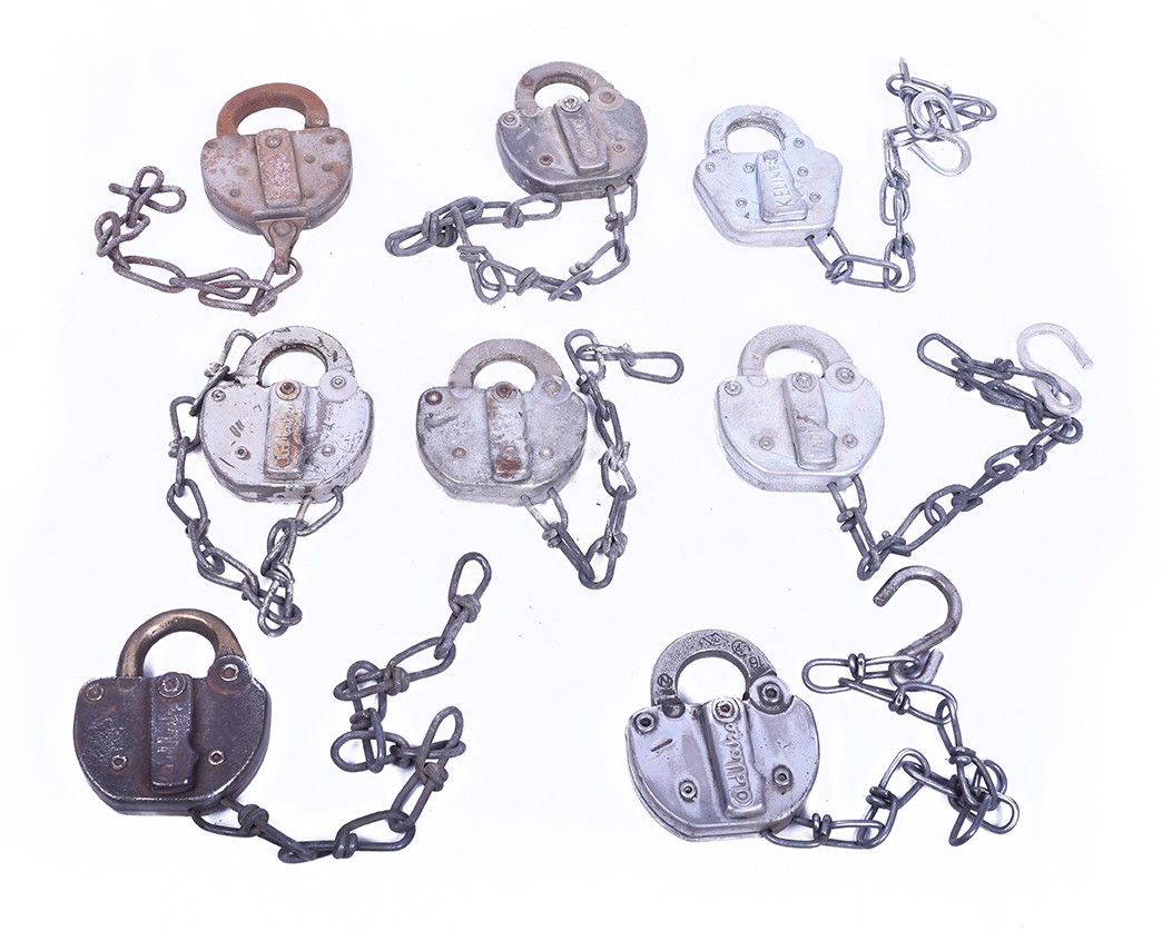 244 - Eight Adlake and Keline Railroad Switch Locks Burlington Northern, Santa Fe, Northern Pacific, Seaboard. thumbnail