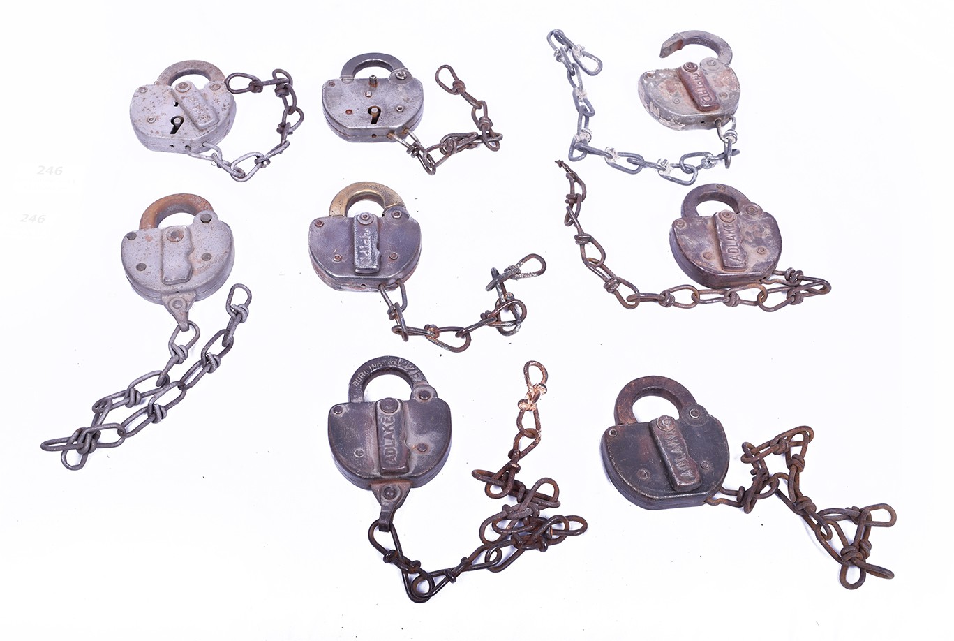 246 - Eight CB&Q / Burlington, Rock Island and Milwaukee Road Adlake Railroad Locks thumbnail