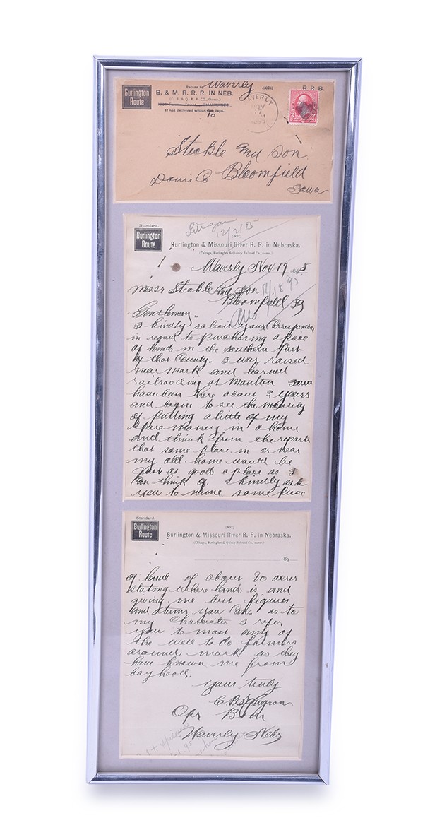 260 - B&MR Railroad in Nebraska Framed Correspondence w/ George Washington Red 2 Cent Stamp - Type 1 thumbnail