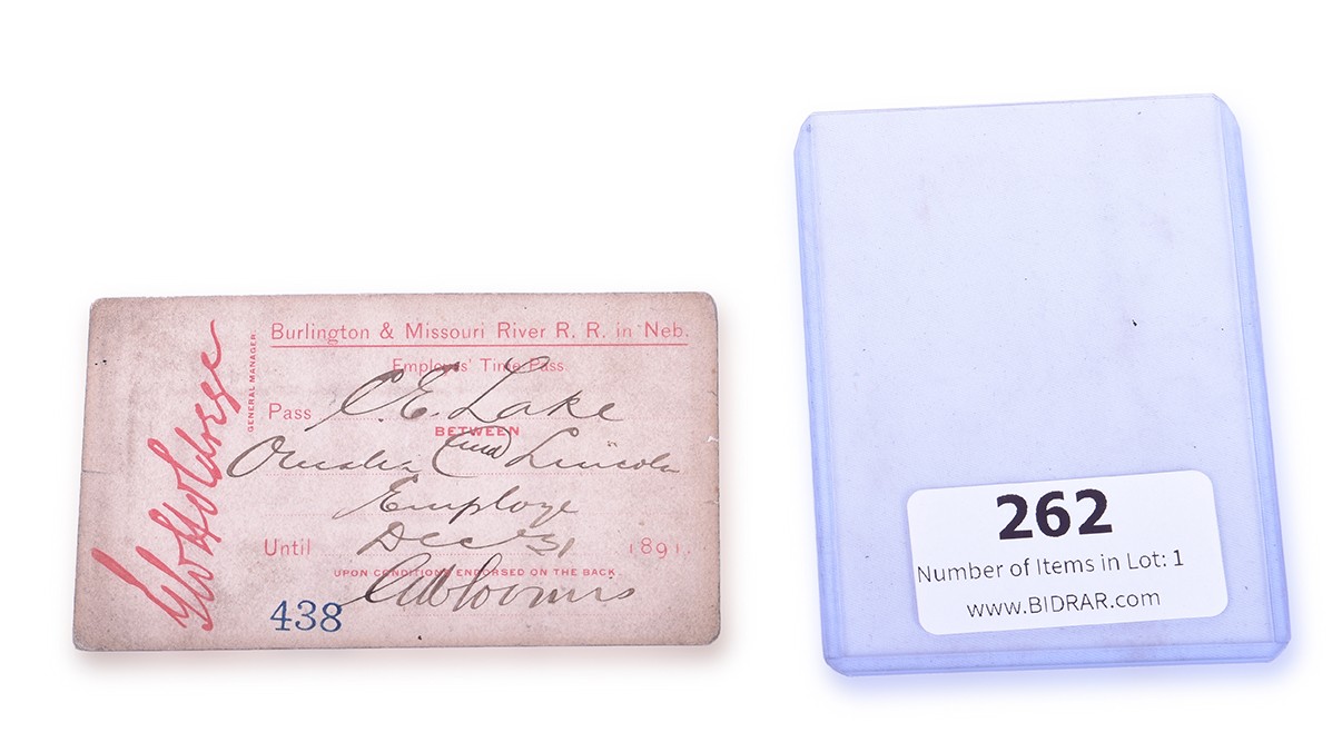 262 - Burlington and Missouri River Railroad 1891 Employees' Time Pass thumbnail