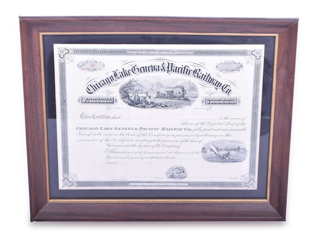 263 - Chicago, Lake Geneva & Pacific Railway Co. Framed Stock Certificate - Unissued thumbnail