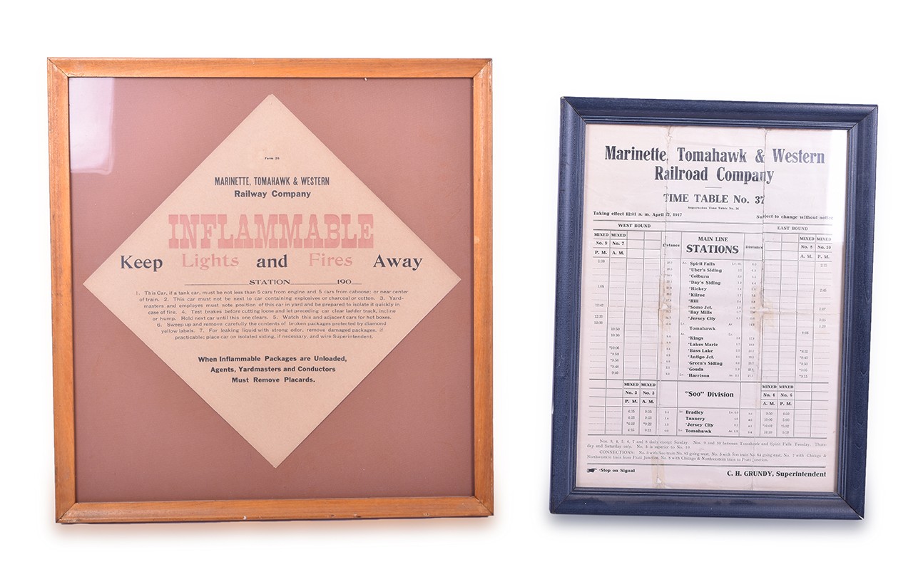 267 - Framed Marinette, Tomahawk & Western 1917 Timetable and Unused Inflammable Placecard thumbnail