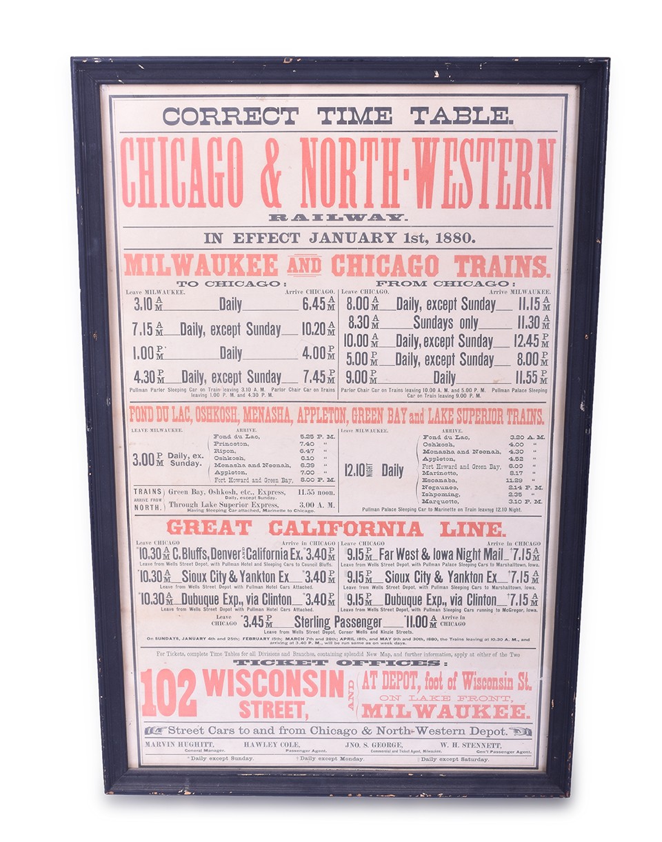 269 - Framed Chicago and Northwestern January 1880 Large Public Timetable thumbnail