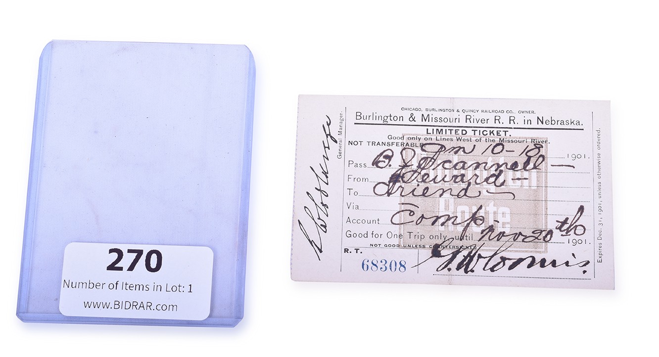 270 - Burlington and Missouri River Railroad in Nebraska 1901 Limited Ticket thumbnail