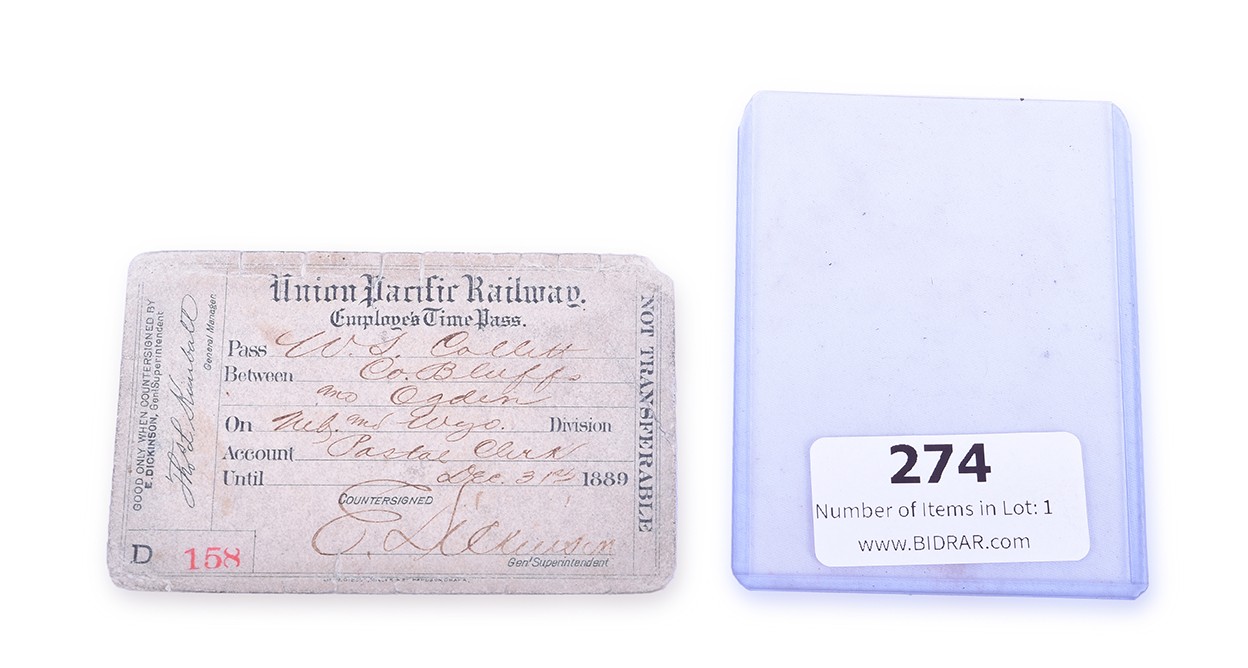 274 - Union Pacific Railroad 1889 Employee Time Pass thumbnail