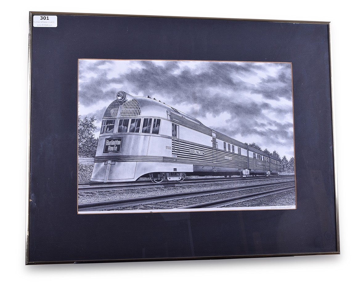 301 - Framed Burlington Pioneer Zephyr Pencil Sketch Print - #59/750 thumbnail