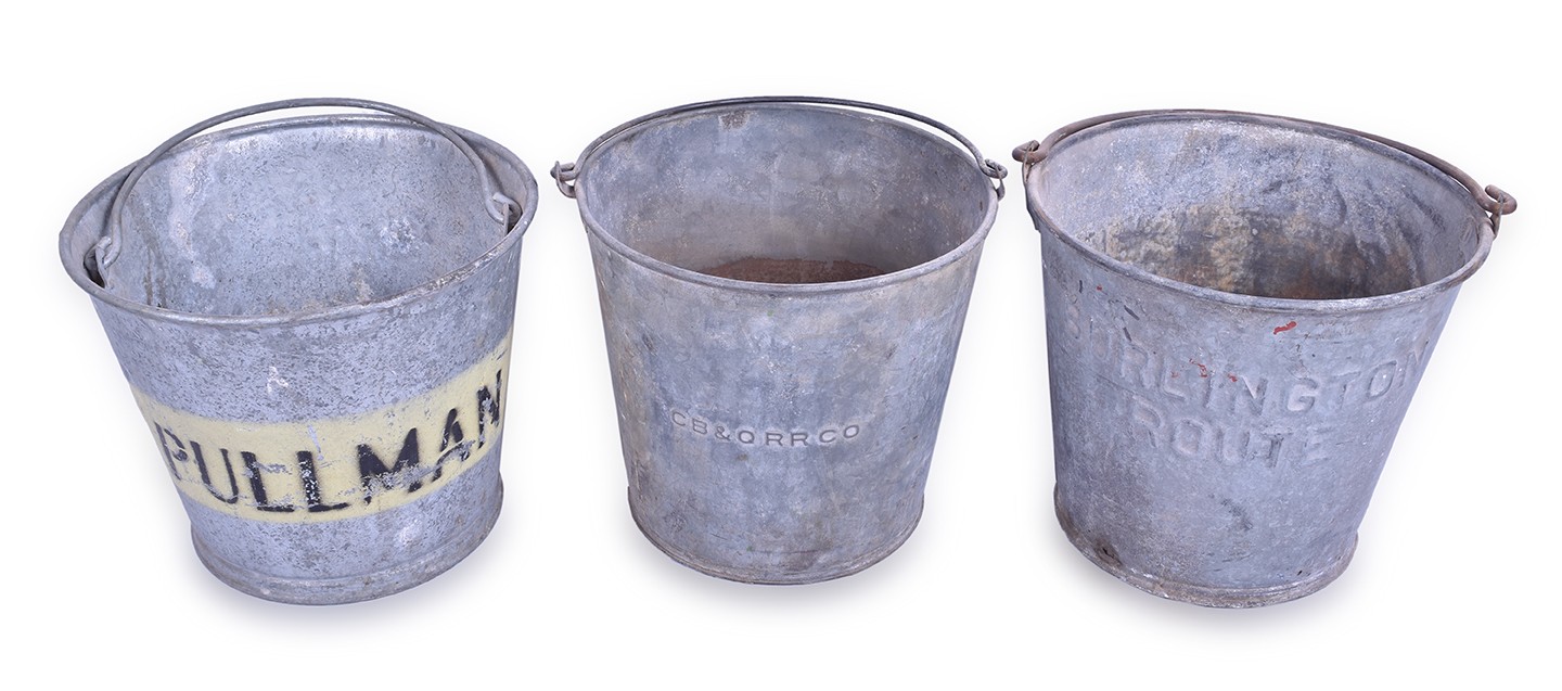 316 - 3 Galvanized Steel Railroad Buckets - Two CB&Q and Pullman Ice Bucket thumbnail