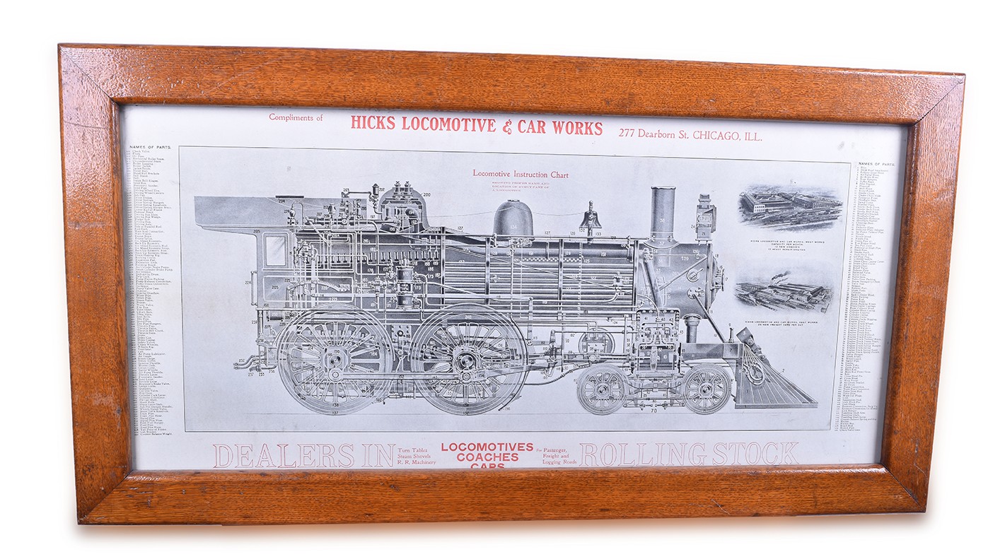 357 - Hicks Locomotive & Car Works of Chicago - Framed Locomotive Instruction Chart thumbnail